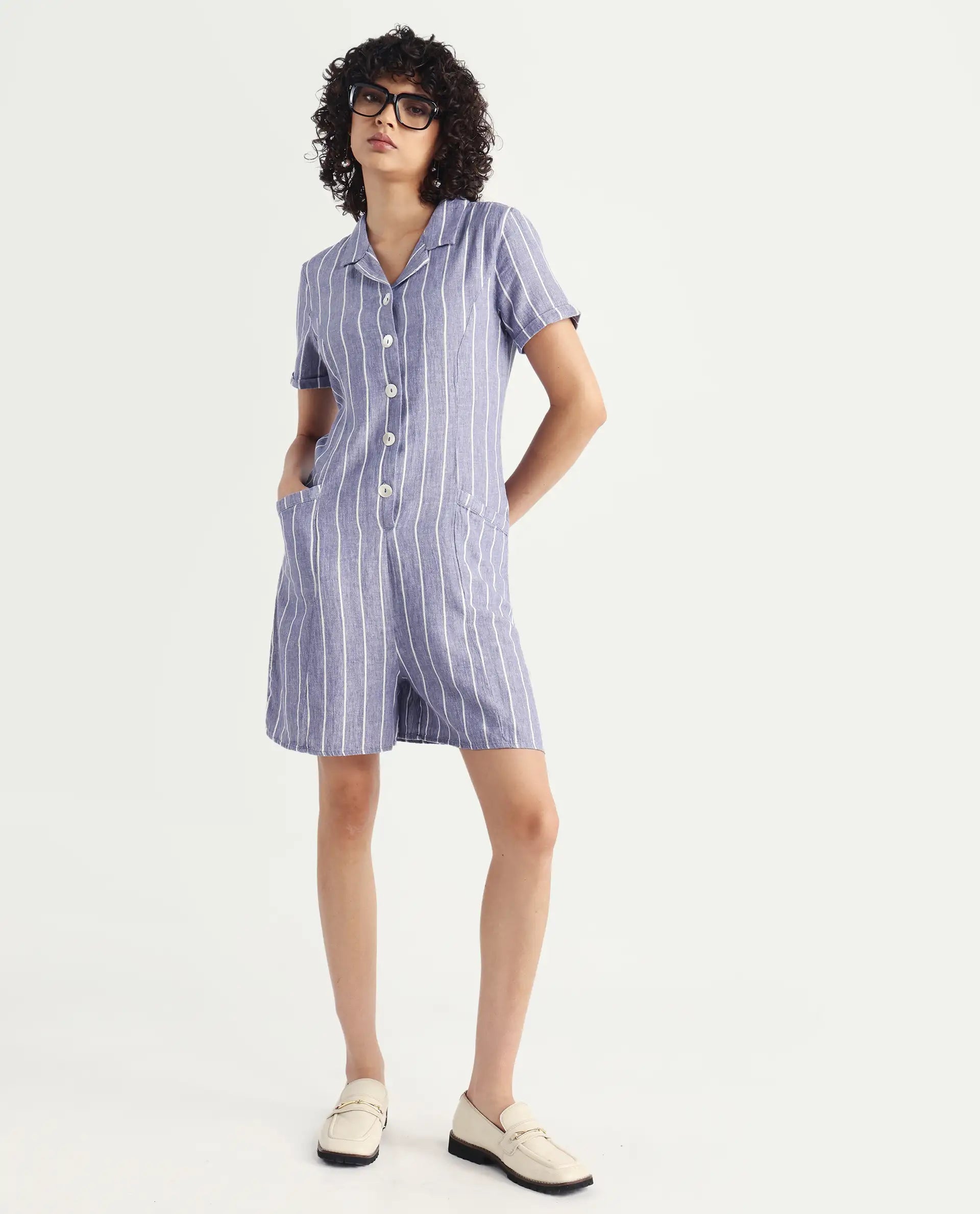 Rareism Women's Lucio Blue Linen Spread Collar Striped Tailored Playsuit