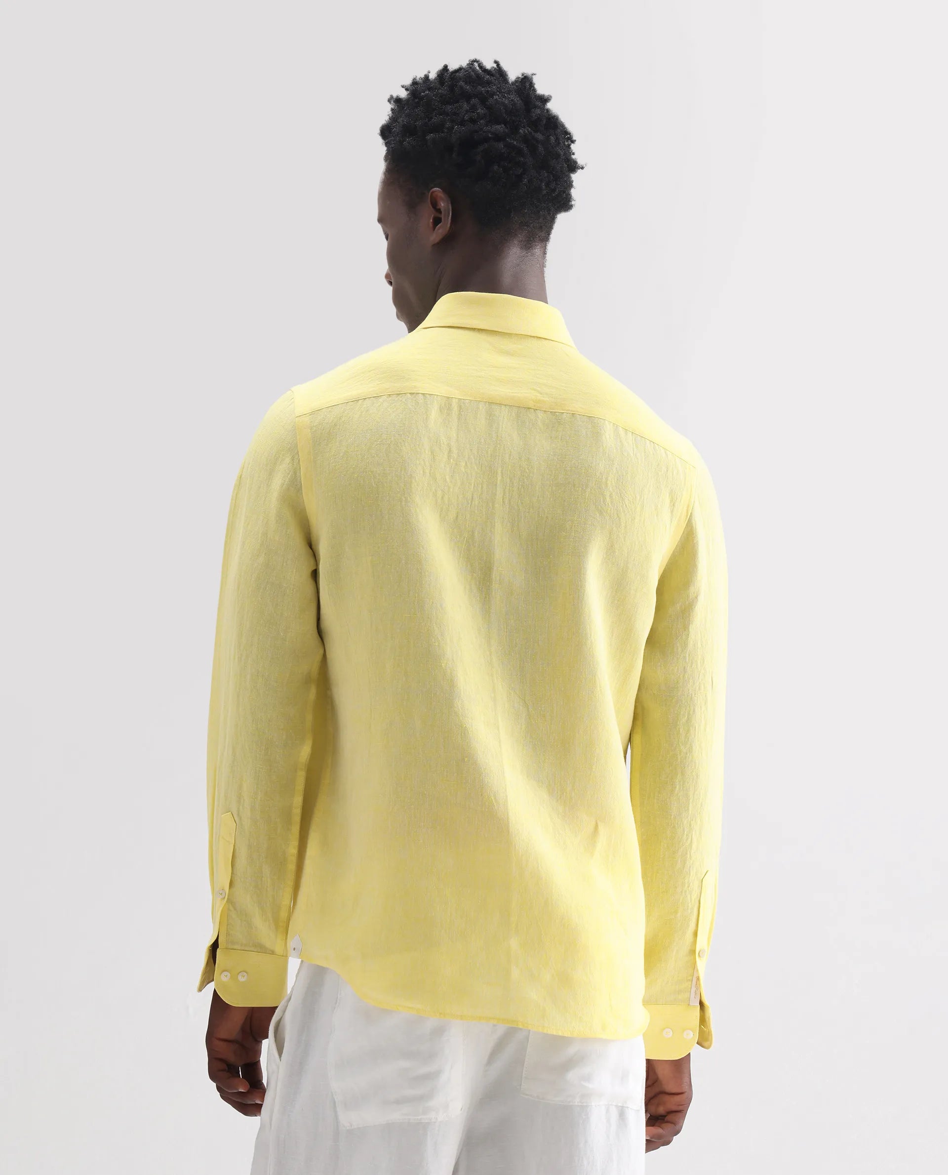 Rare Rabbit Men's Lucio Light Yellow 100% Linen Plain Regular Fit Full Sleeve Collared Shirt