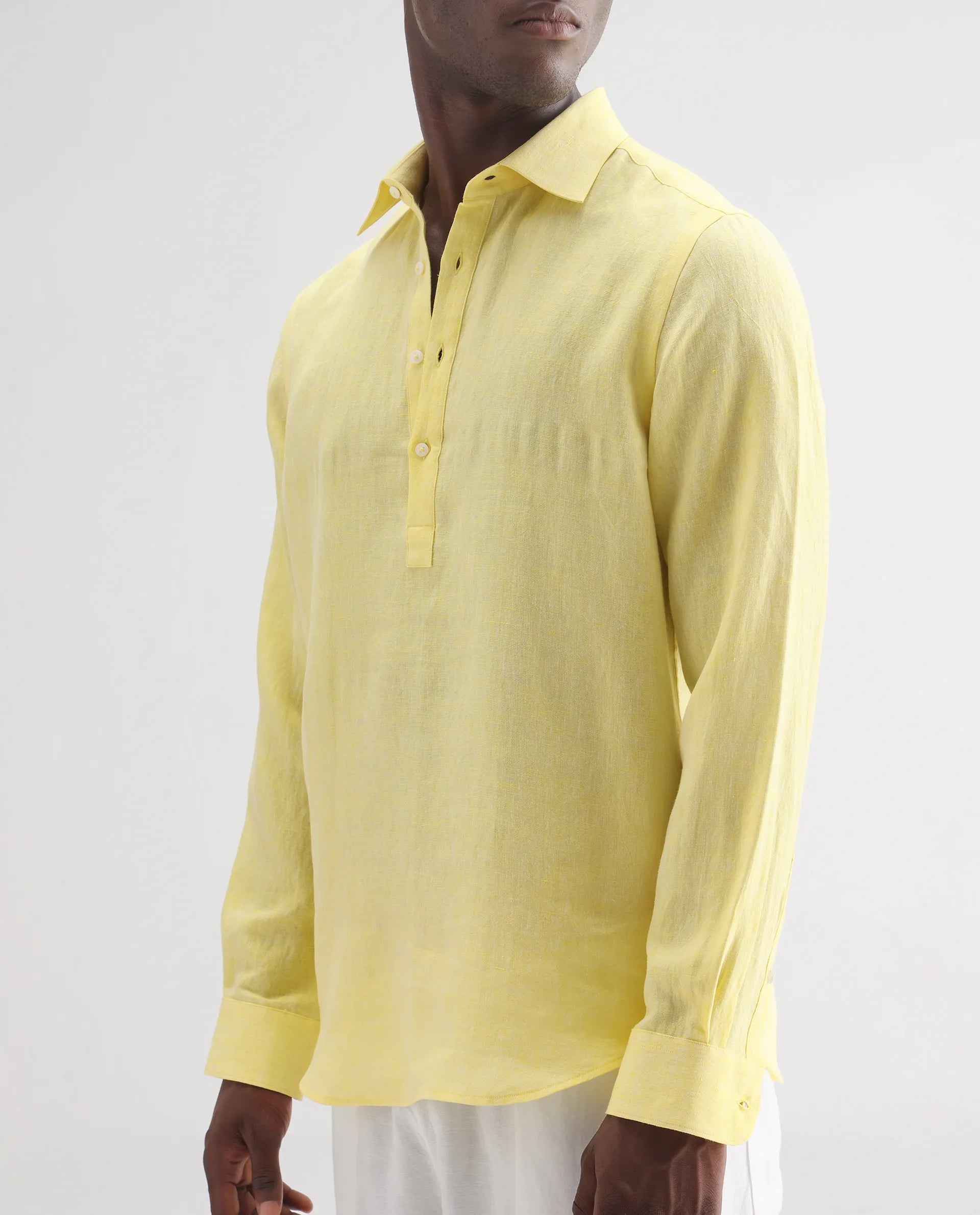 Rare Rabbit Men's Lucio Light Yellow 100% Linen Plain Regular Fit Full Sleeve Collared Shirt