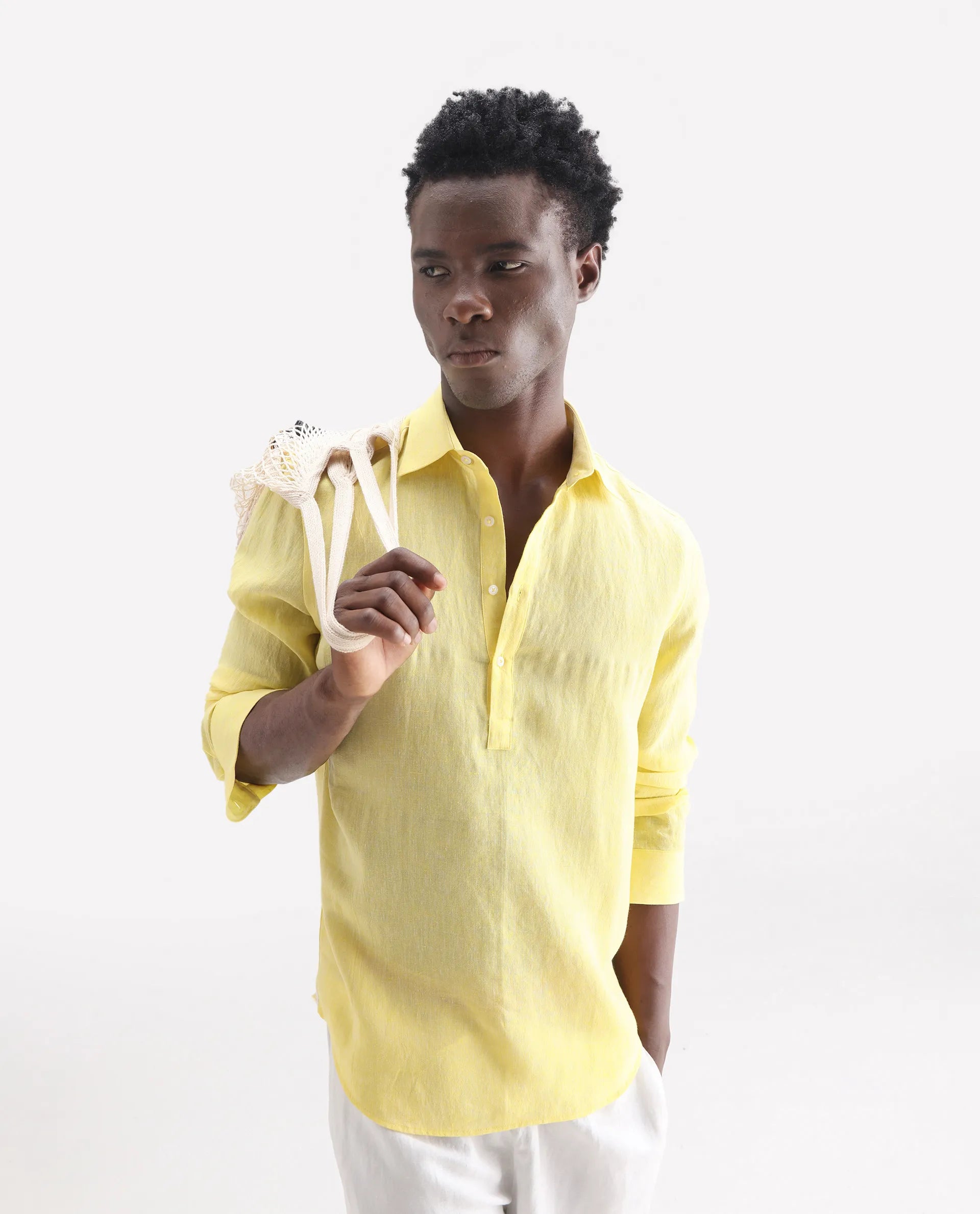 Rare Rabbit Men's Lucio Light Yellow 100% Linen Plain Regular Fit Full Sleeve Collared Shirt