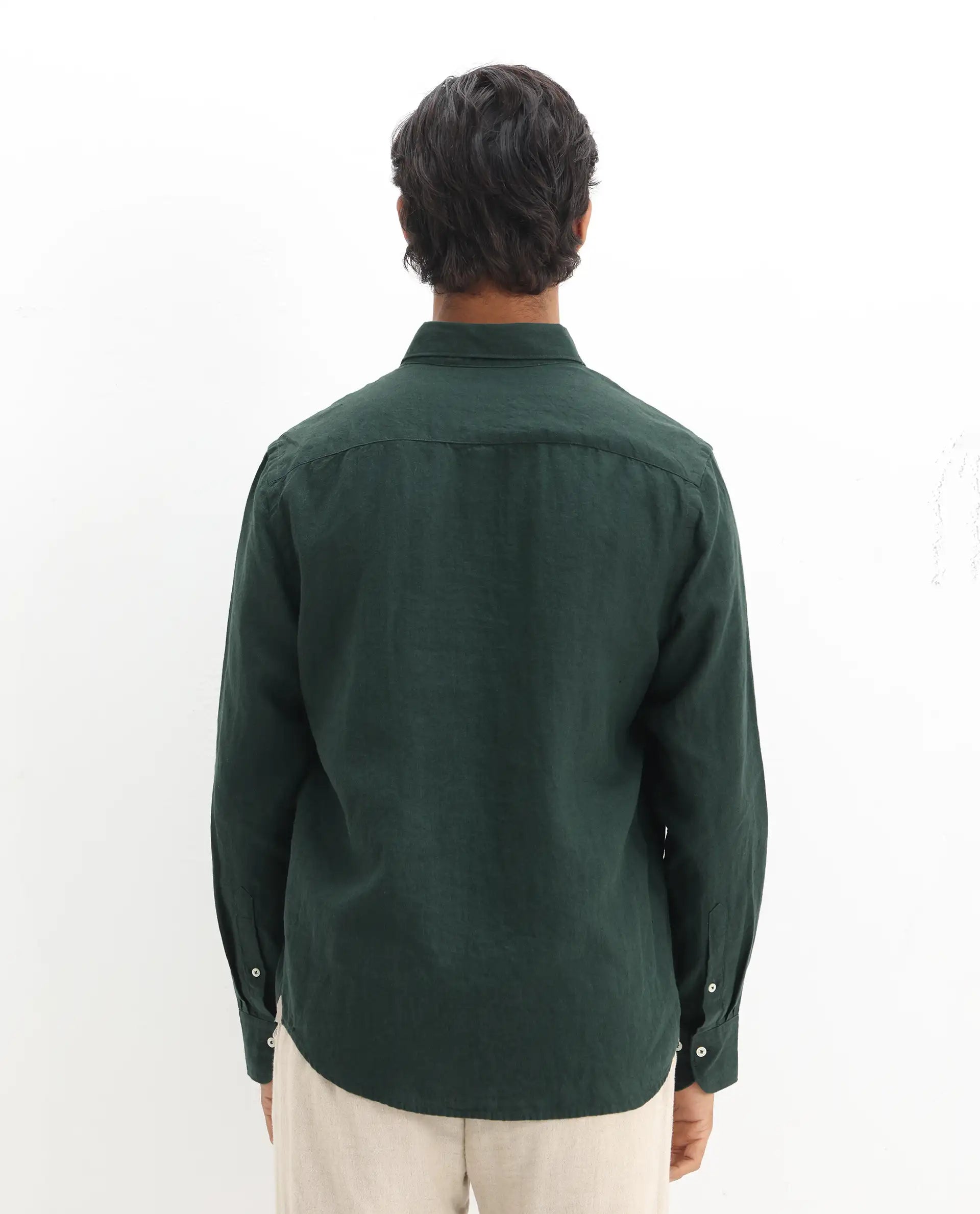 Rare Rabbit Men's Lucis Dark Green 100% Linen Plain Regular Fit Full Sleeve Collared Shirt