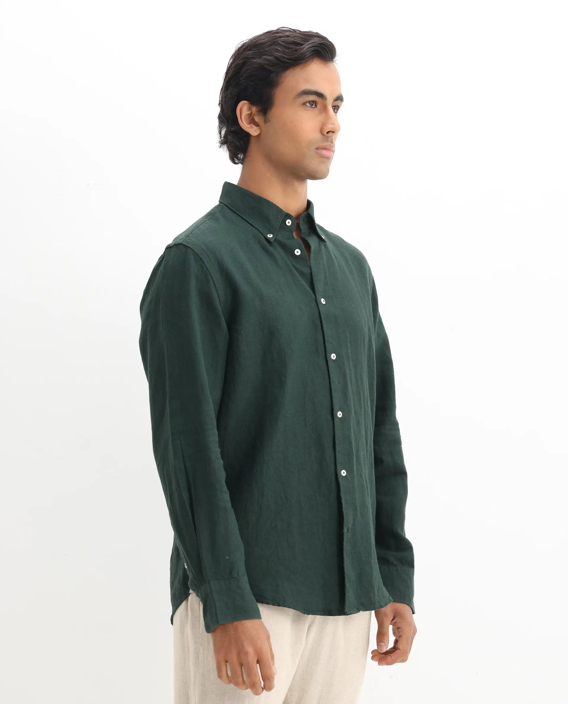 Rare Rabbit Men's Lucis Dark Green 100% Linen Plain Regular Fit Full Sleeve Collared Shirt