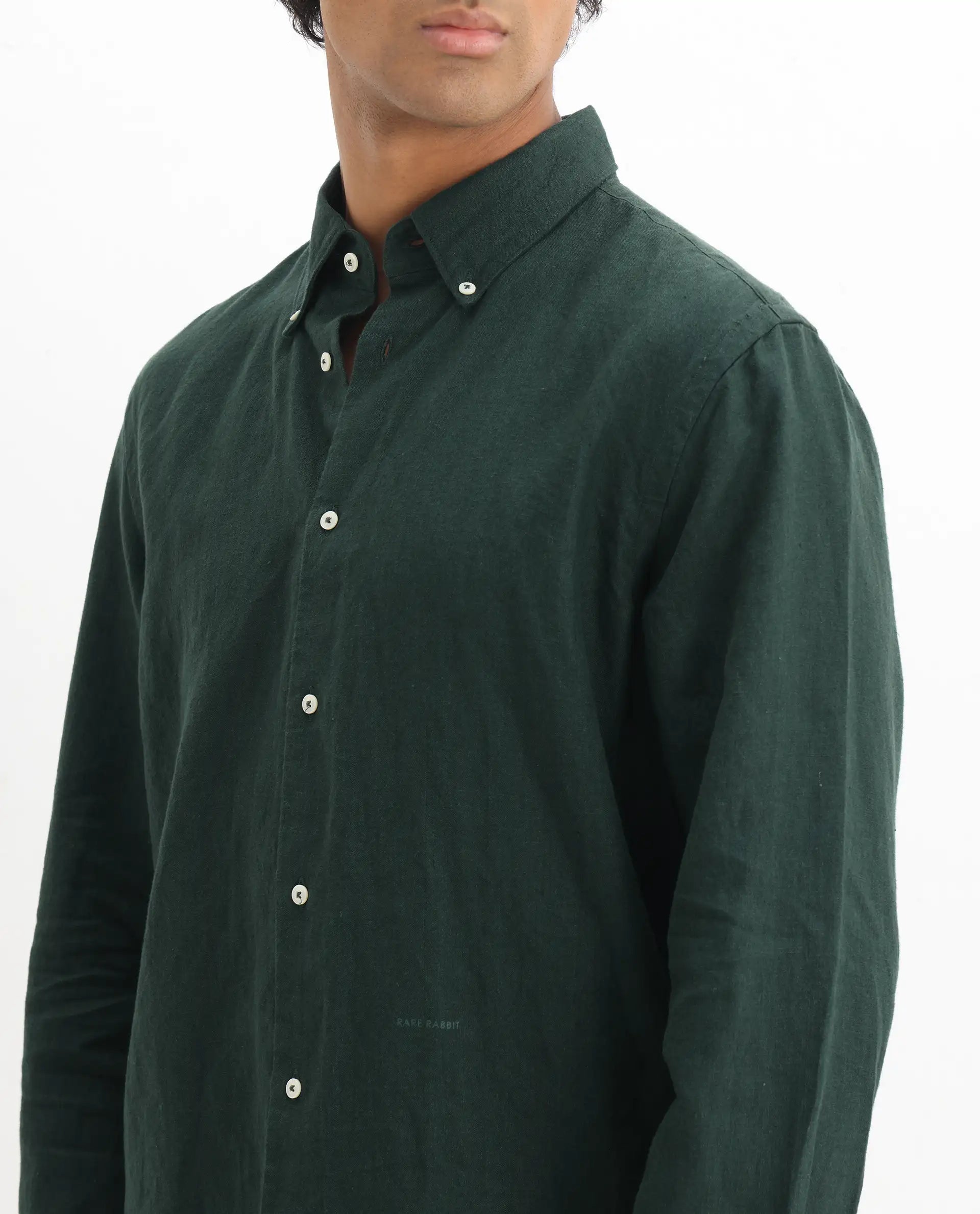 Rare Rabbit Men's Lucis Dark Green 100% Linen Plain Regular Fit Full Sleeve Collared Shirt