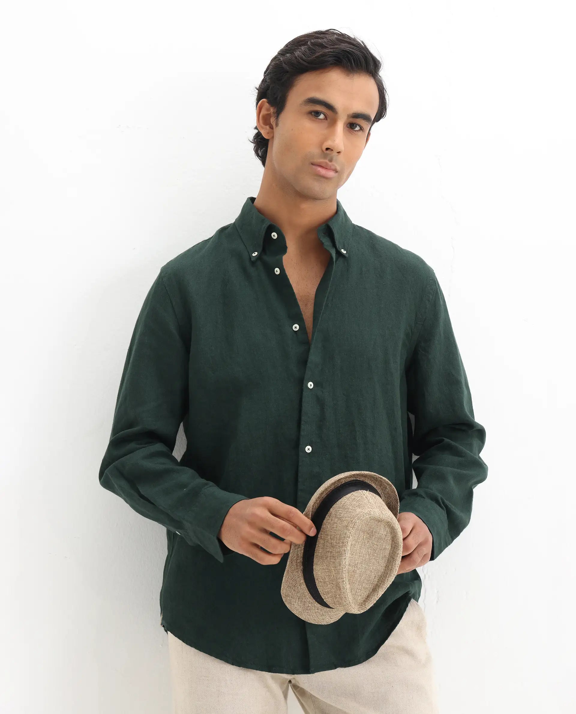 Rare Rabbit Men's Lucis Dark Green 100% Linen Plain Regular Fit Full Sleeve Collared Shirt