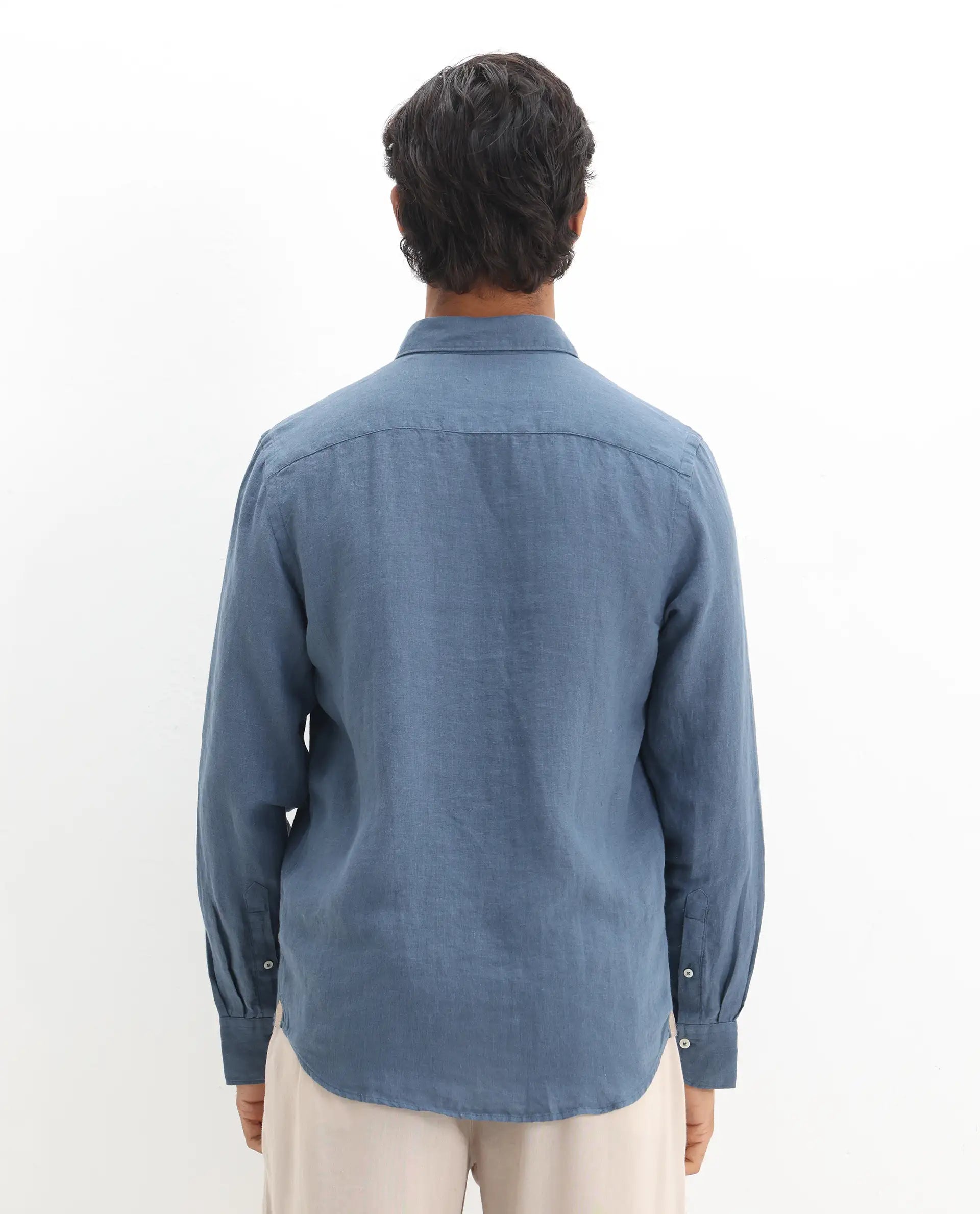 Rare Rabbit Men's Lucis Dusky Blue 100% Linen Plain Regular Fit Full Sleeve Collared Shirt