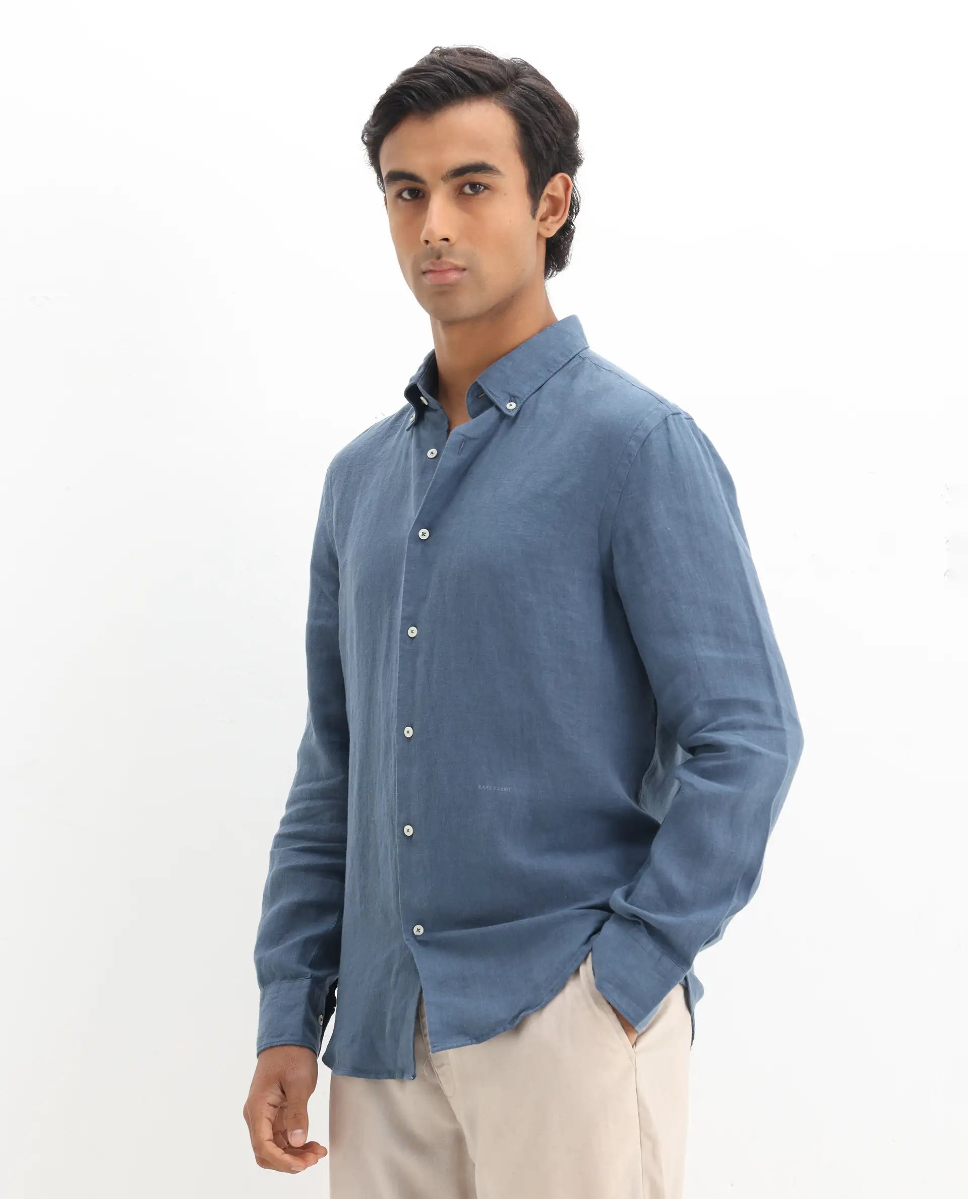 Rare Rabbit Men's Lucis Dusky Blue 100% Linen Plain Regular Fit Full Sleeve Collared Shirt