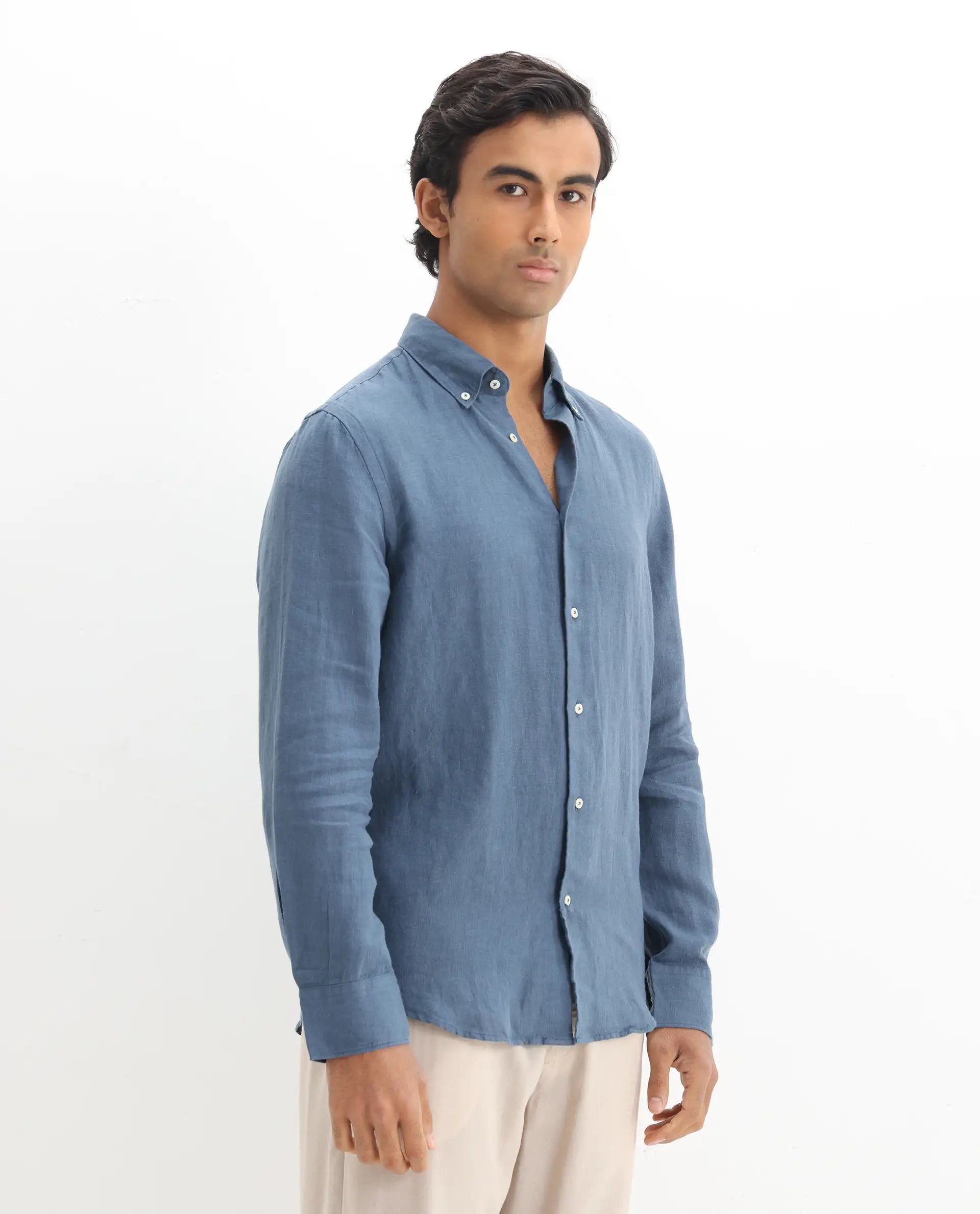 Rare Rabbit Men's Lucis Dusky Blue 100% Linen Plain Regular Fit Full Sleeve Collared Shirt