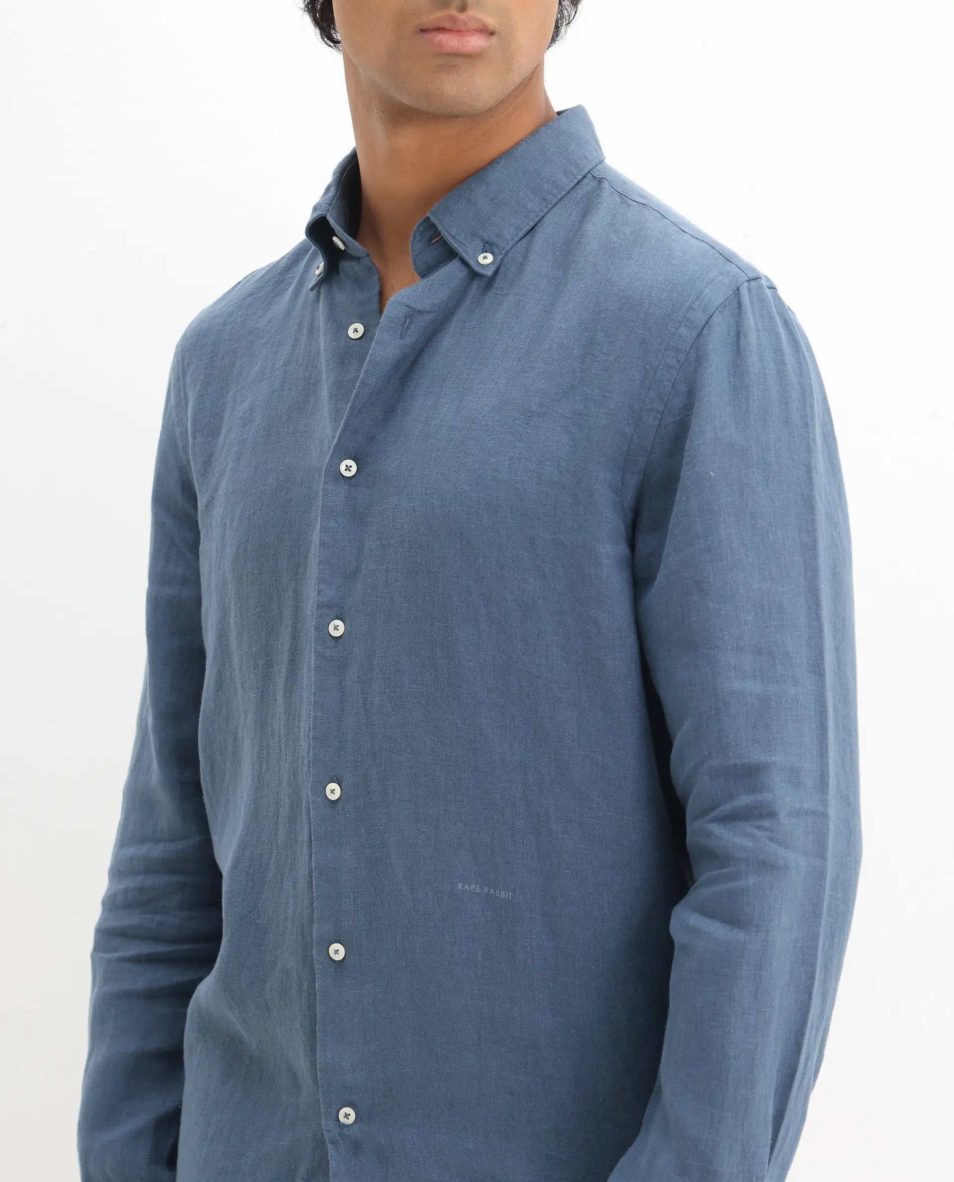 Rare Rabbit Men's Lucis Dusky Blue 100% Linen Plain Regular Fit Full Sleeve Collared Shirt