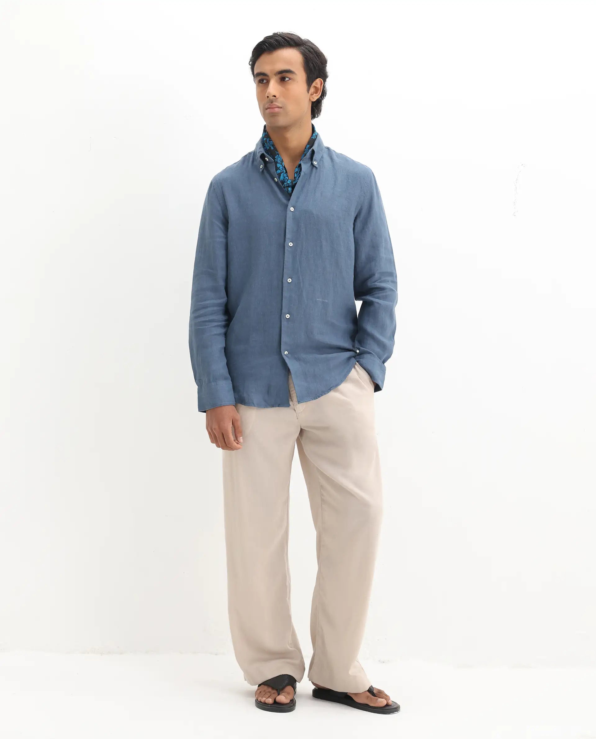 Rare Rabbit Men's Lucis Dusky Blue 100% Linen Plain Regular Fit Full Sleeve Collared Shirt