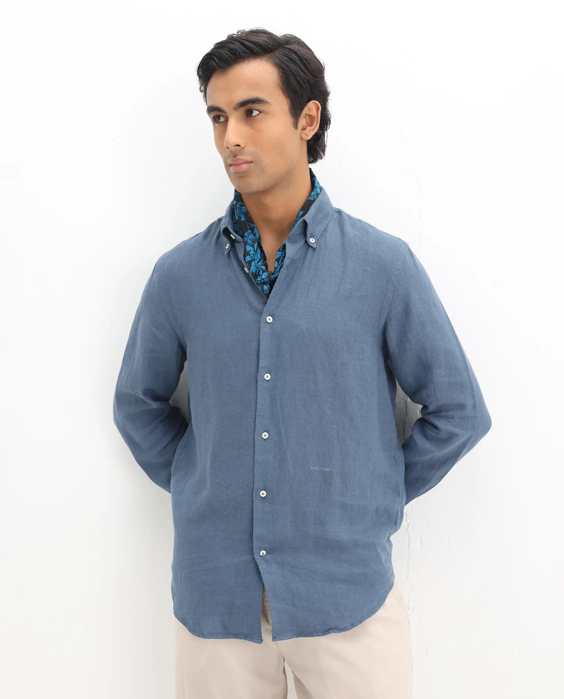 Rare Rabbit Men's Lucis Dusky Blue 100% Linen Plain Regular Fit Full Sleeve Collared Shirt
