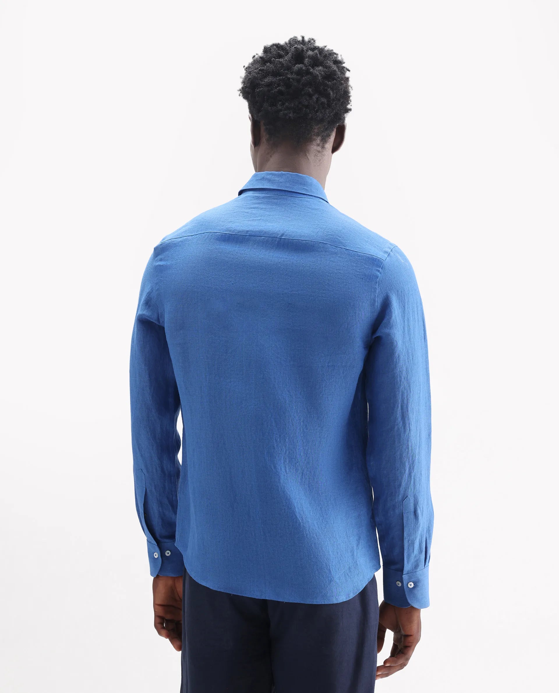 Rare Rabbit Men's Lucis Blue 100% Linen Plain Regular Fit Full Sleeve Collared Shirt