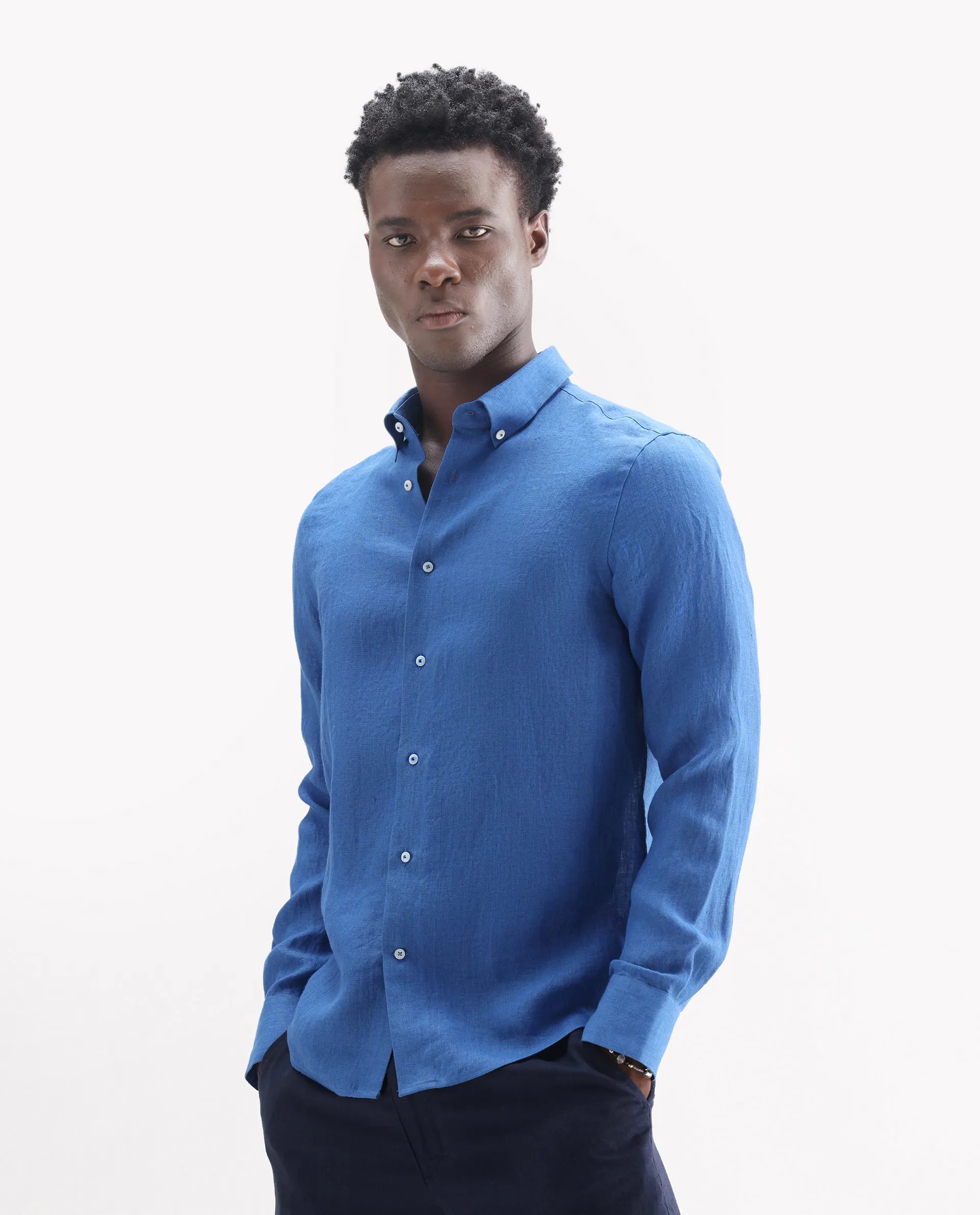 Rare Rabbit Men's Lucis Blue 100% Linen Plain Regular Fit Full Sleeve Collared Shirt