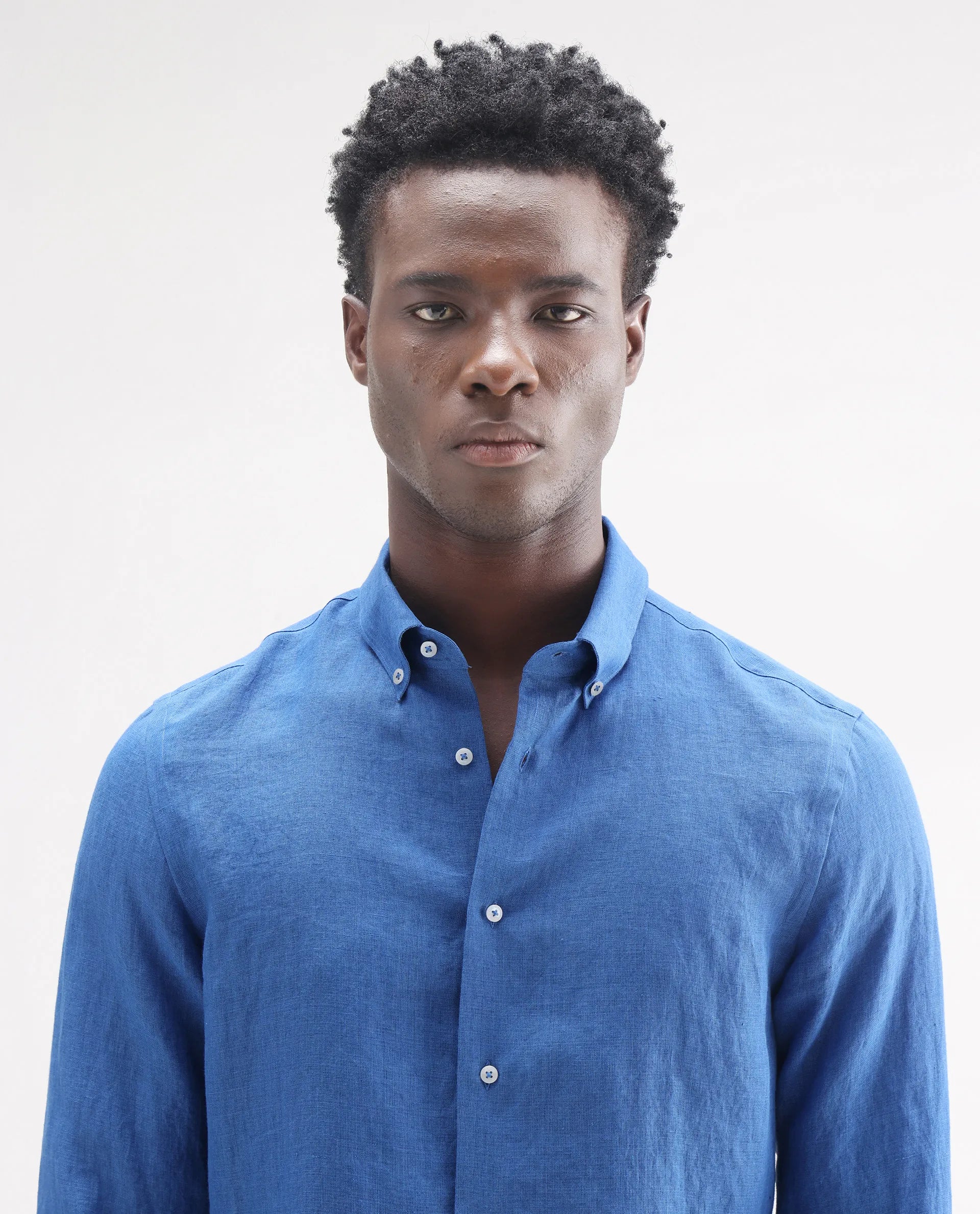 Rare Rabbit Men's Lucis Blue 100% Linen Plain Regular Fit Full Sleeve Collared Shirt