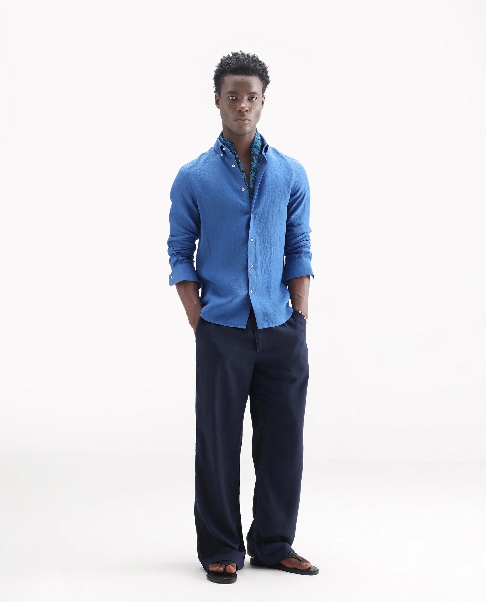 Rare Rabbit Men's Lucis Blue 100% Linen Plain Regular Fit Full Sleeve Collared Shirt