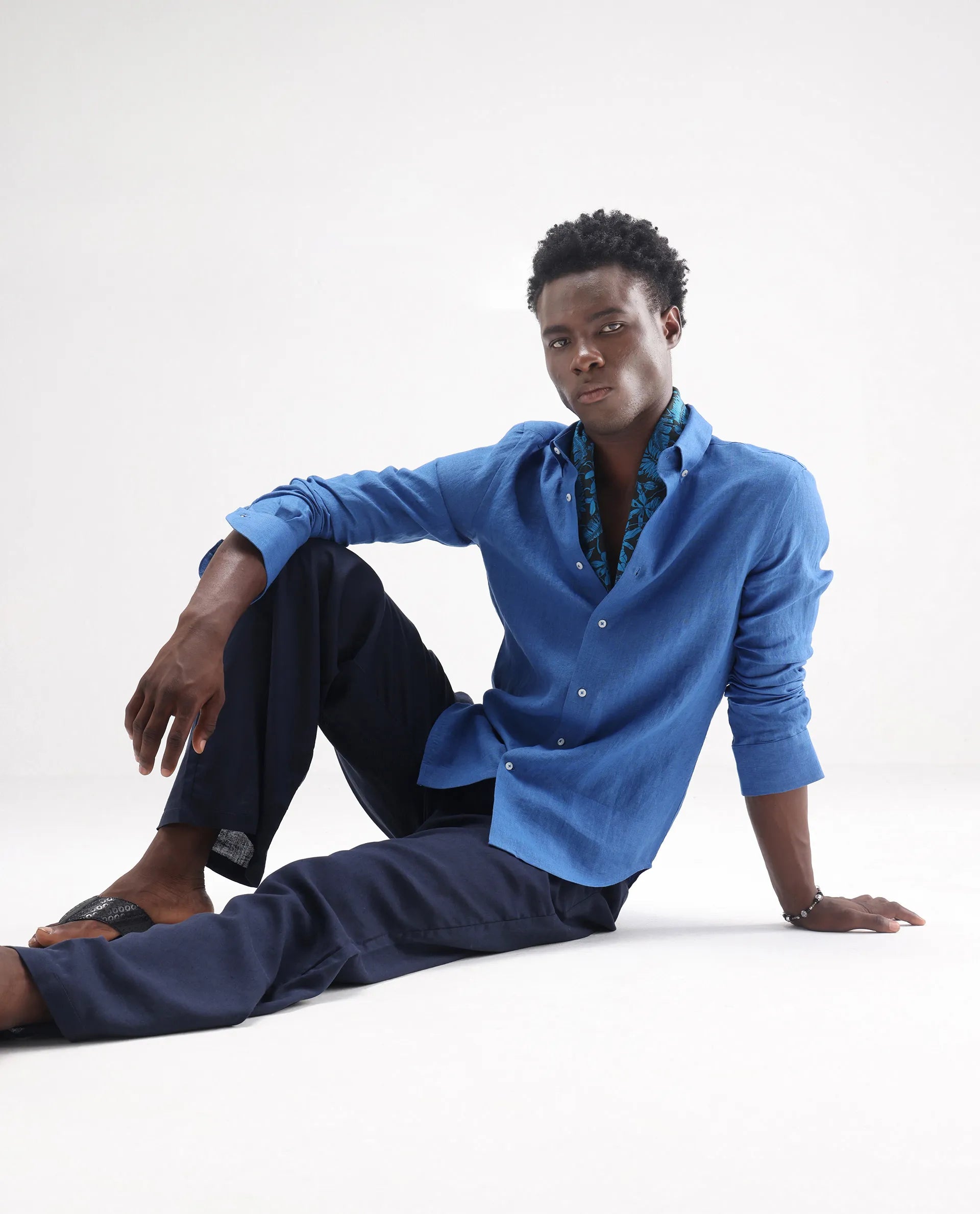 Rare Rabbit Men's Lucis Blue 100% Linen Plain Regular Fit Full Sleeve Collared Shirt