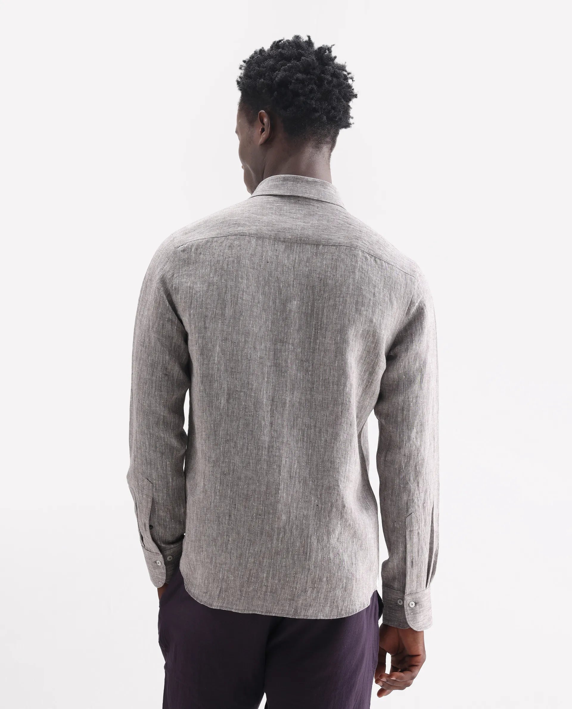 Rare Rabbit Men's Lucis Dark Khaki 100% Linen Plain Regular Fit Full Sleeve Collared Shirt