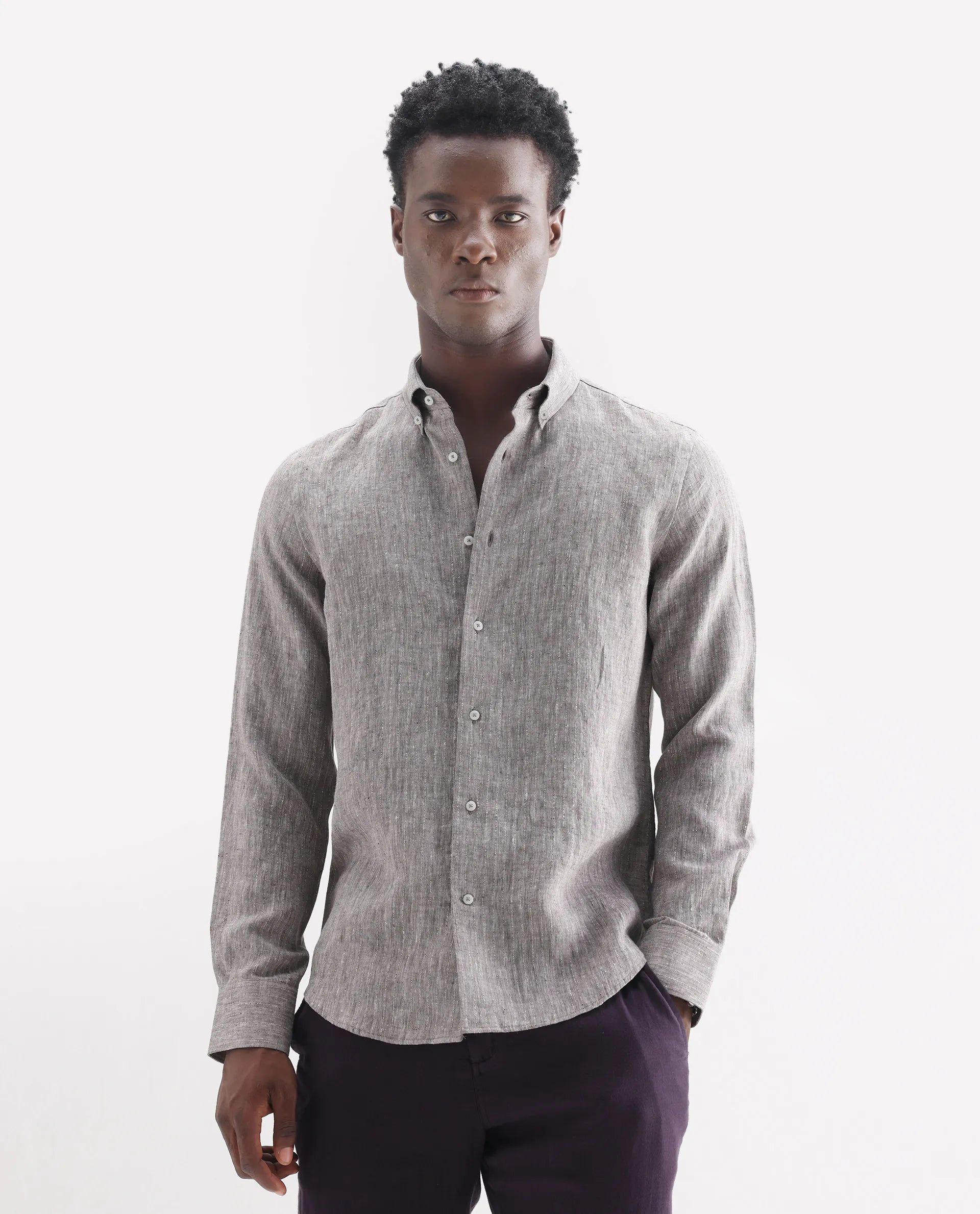 Rare Rabbit Men's Lucis Dark Khaki 100% Linen Plain Regular Fit Full Sleeve Collared Shirt