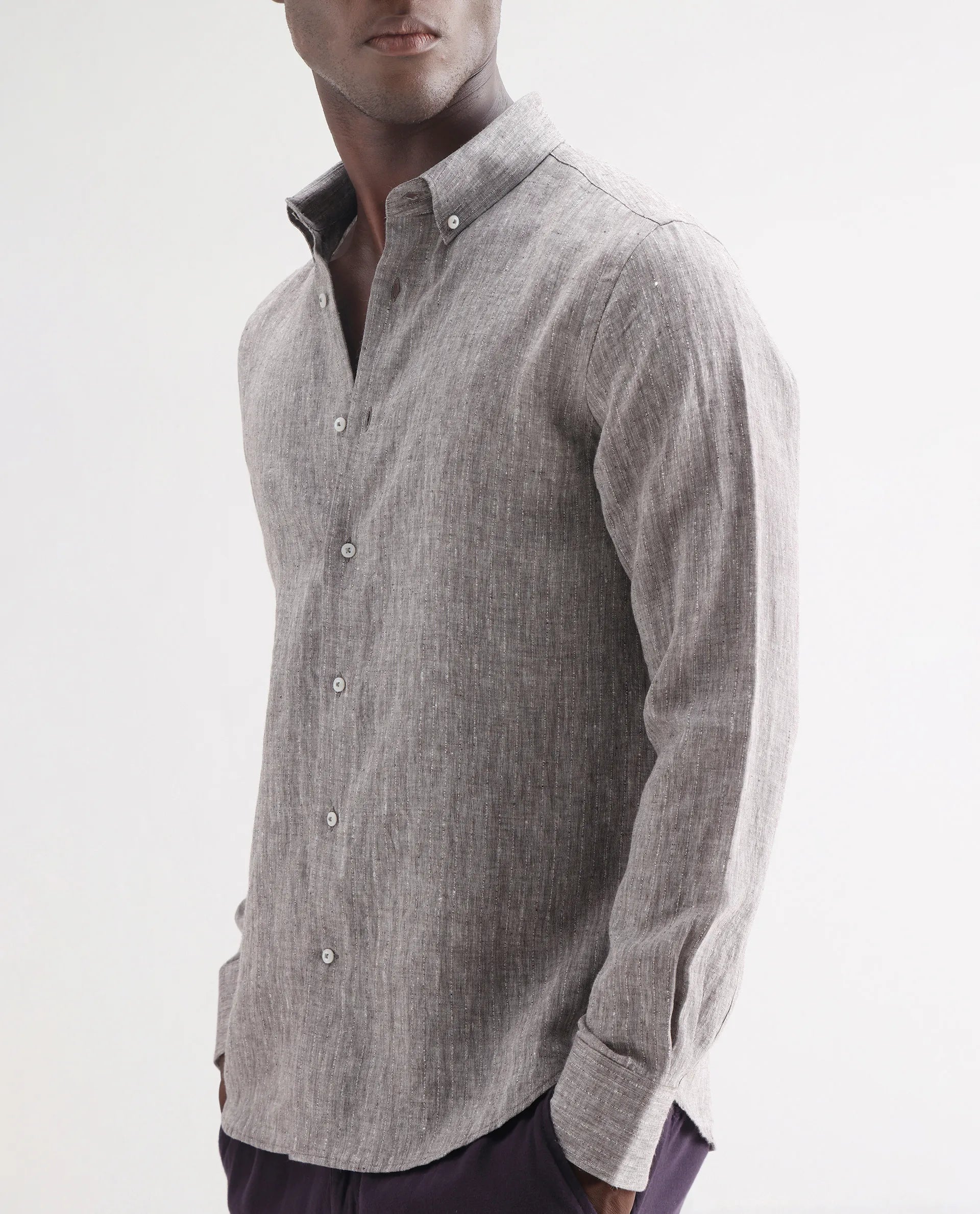 Rare Rabbit Men's Lucis Dark Khaki 100% Linen Plain Regular Fit Full Sleeve Collared Shirt