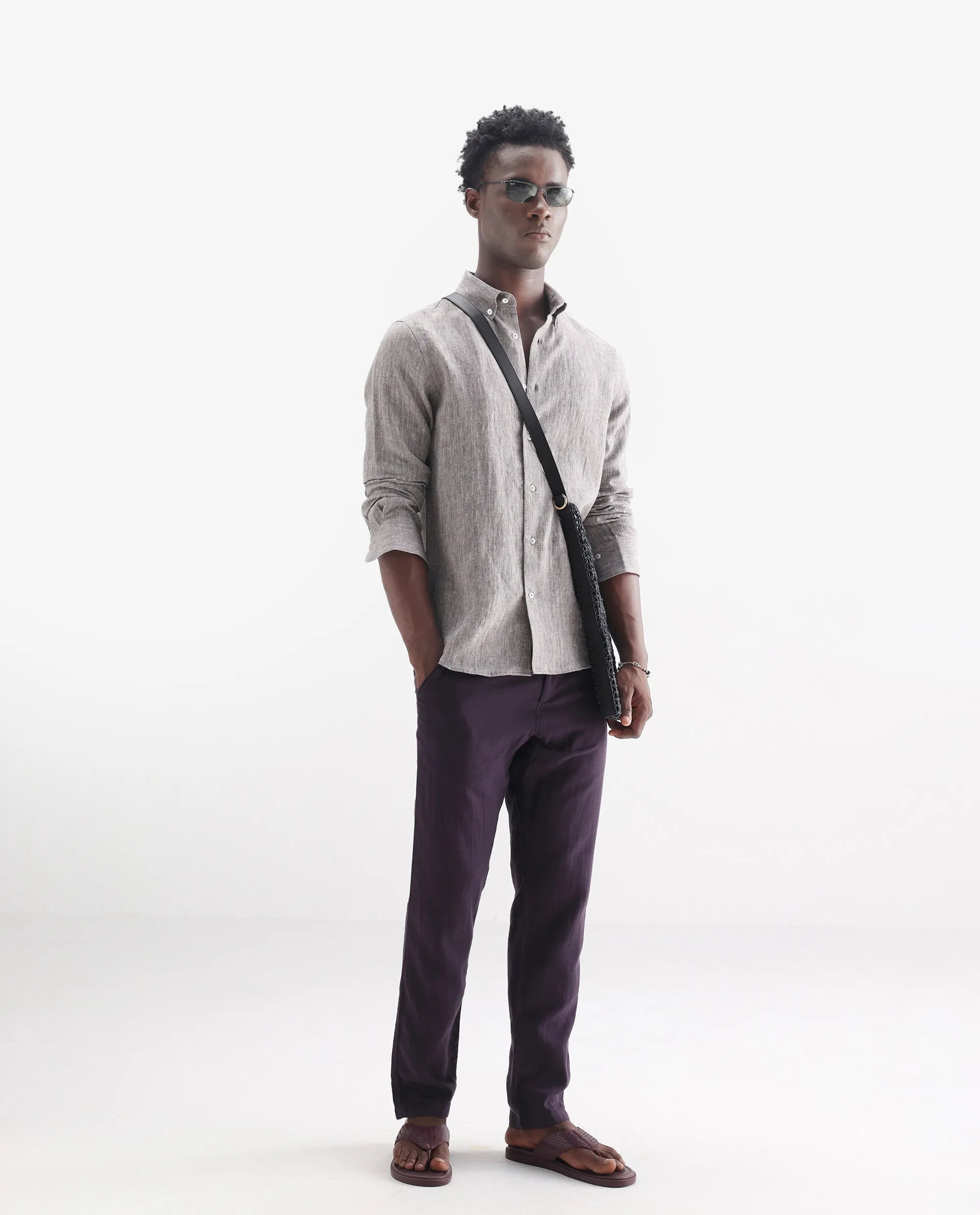 Rare Rabbit Men's Lucis Dark Khaki 100% Linen Plain Regular Fit Full Sleeve Collared Shirt