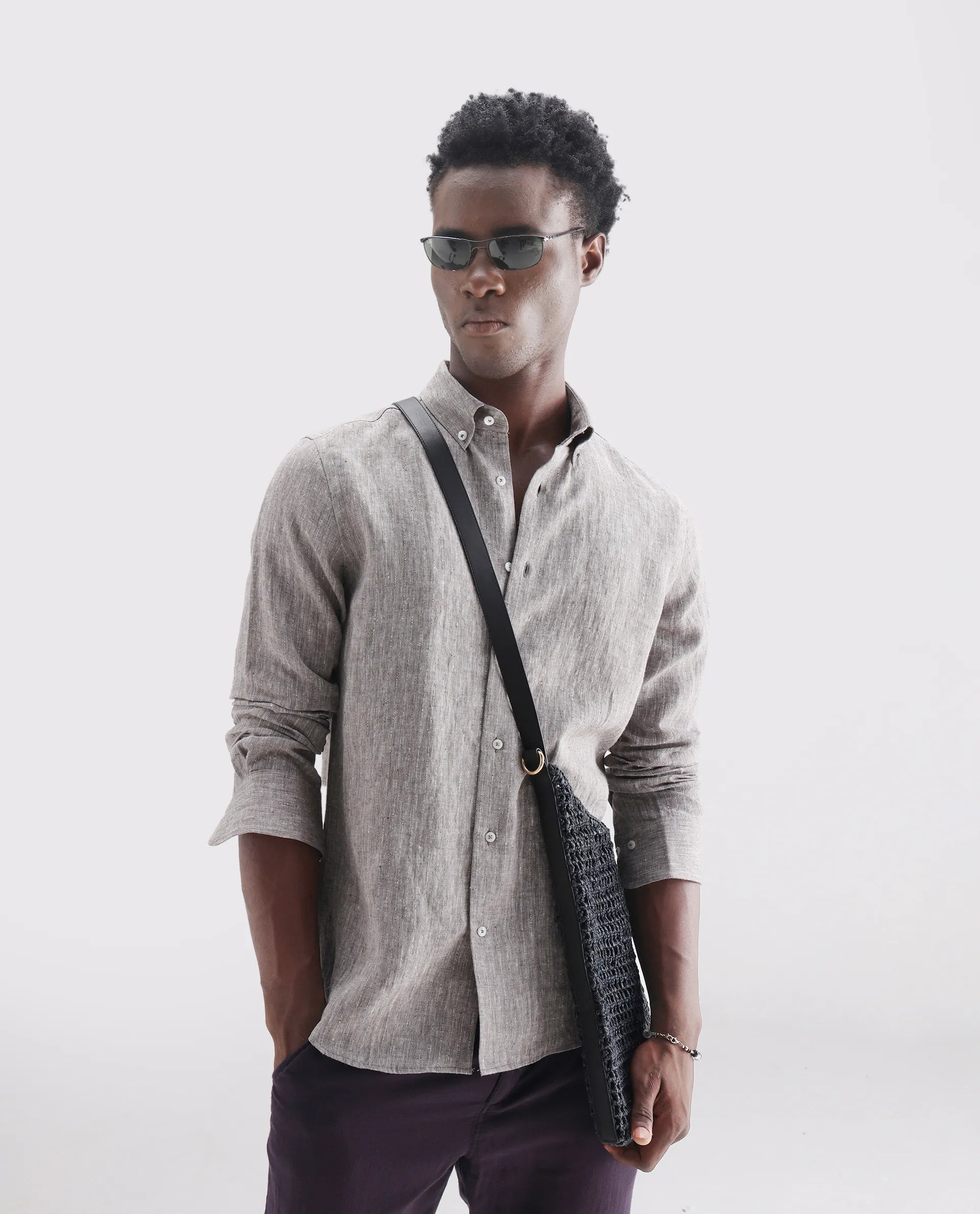 Rare Rabbit Men's Lucis Dark Khaki 100% Linen Plain Regular Fit Full Sleeve Collared Shirt