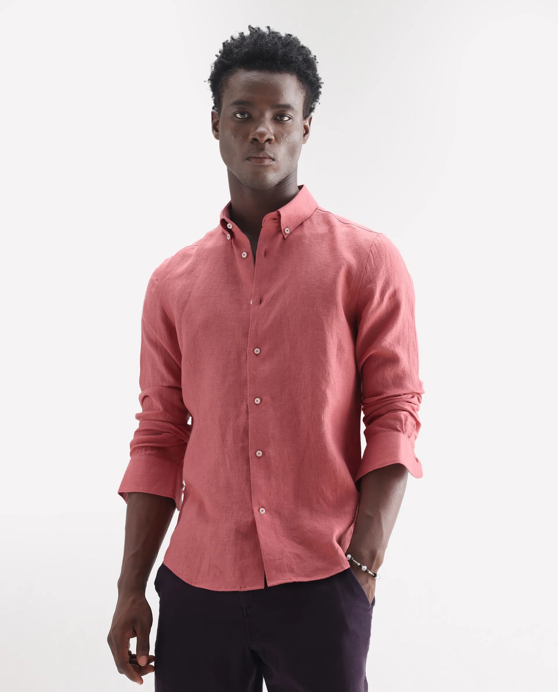 Rare Rabbit Men's Lucis Dusky Pink 100% Linen Plain Regular Fit Full Sleeve Collared Shirt