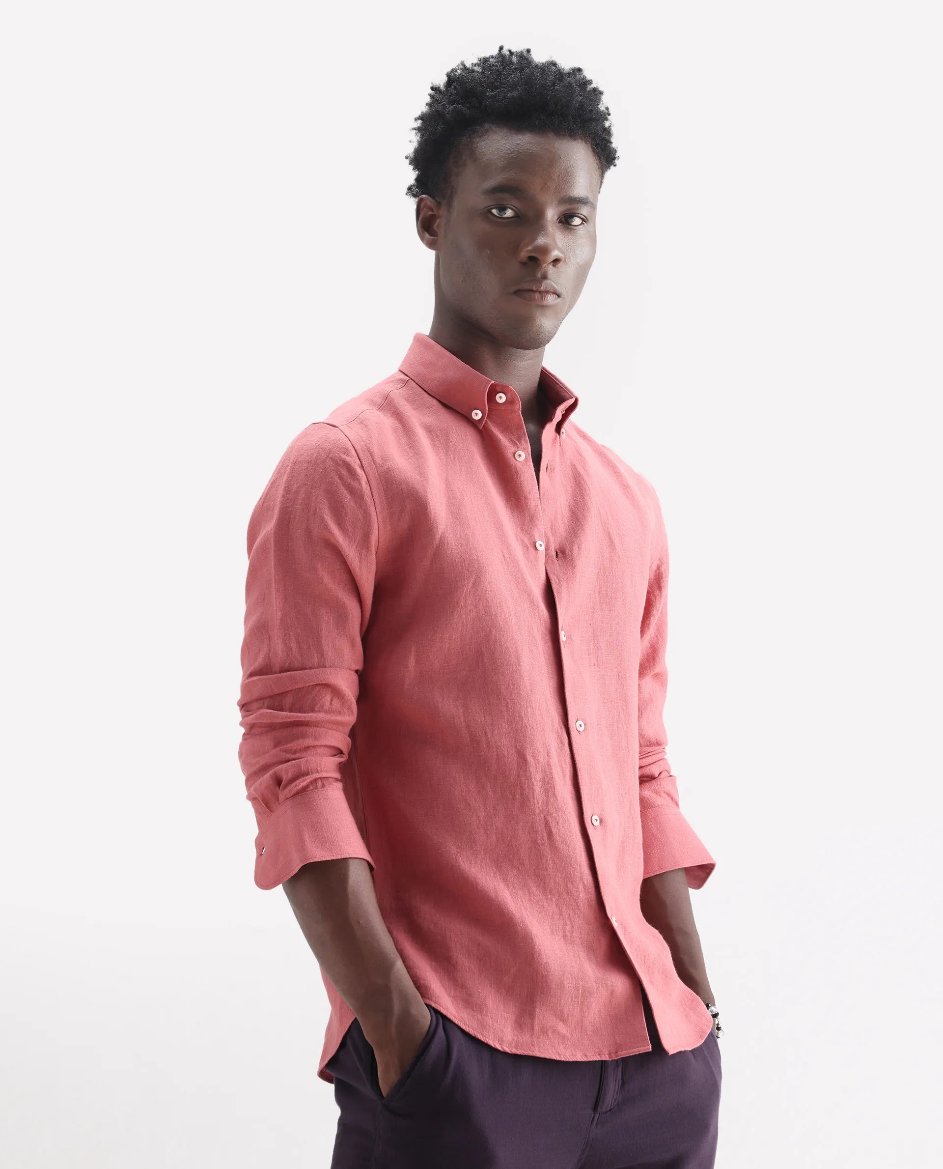 Rare Rabbit Men's Lucis Dusky Pink 100% Linen Plain Regular Fit Full Sleeve Collared Shirt