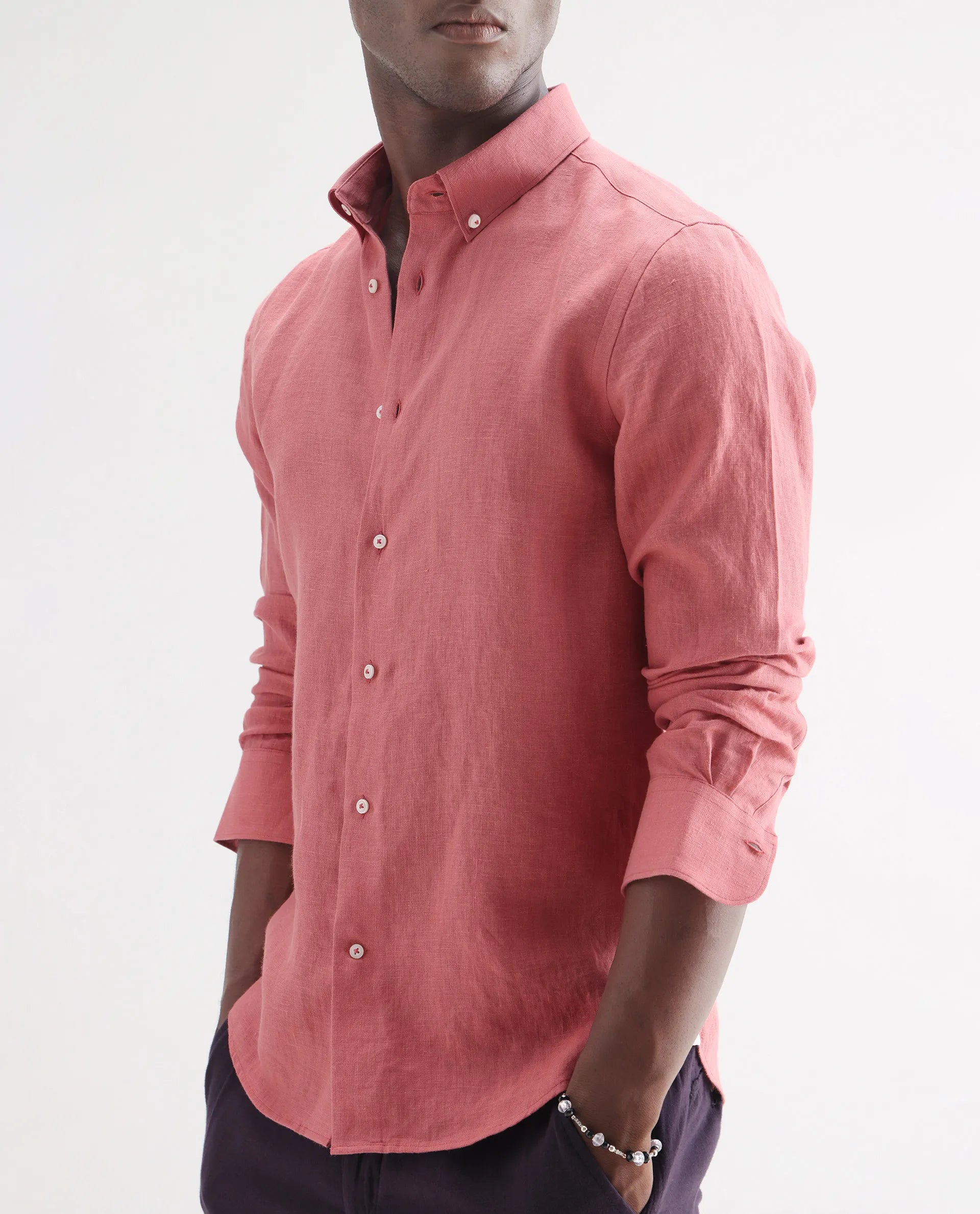 Rare Rabbit Men's Lucis Dusky Pink 100% Linen Plain Regular Fit Full Sleeve Collared Shirt