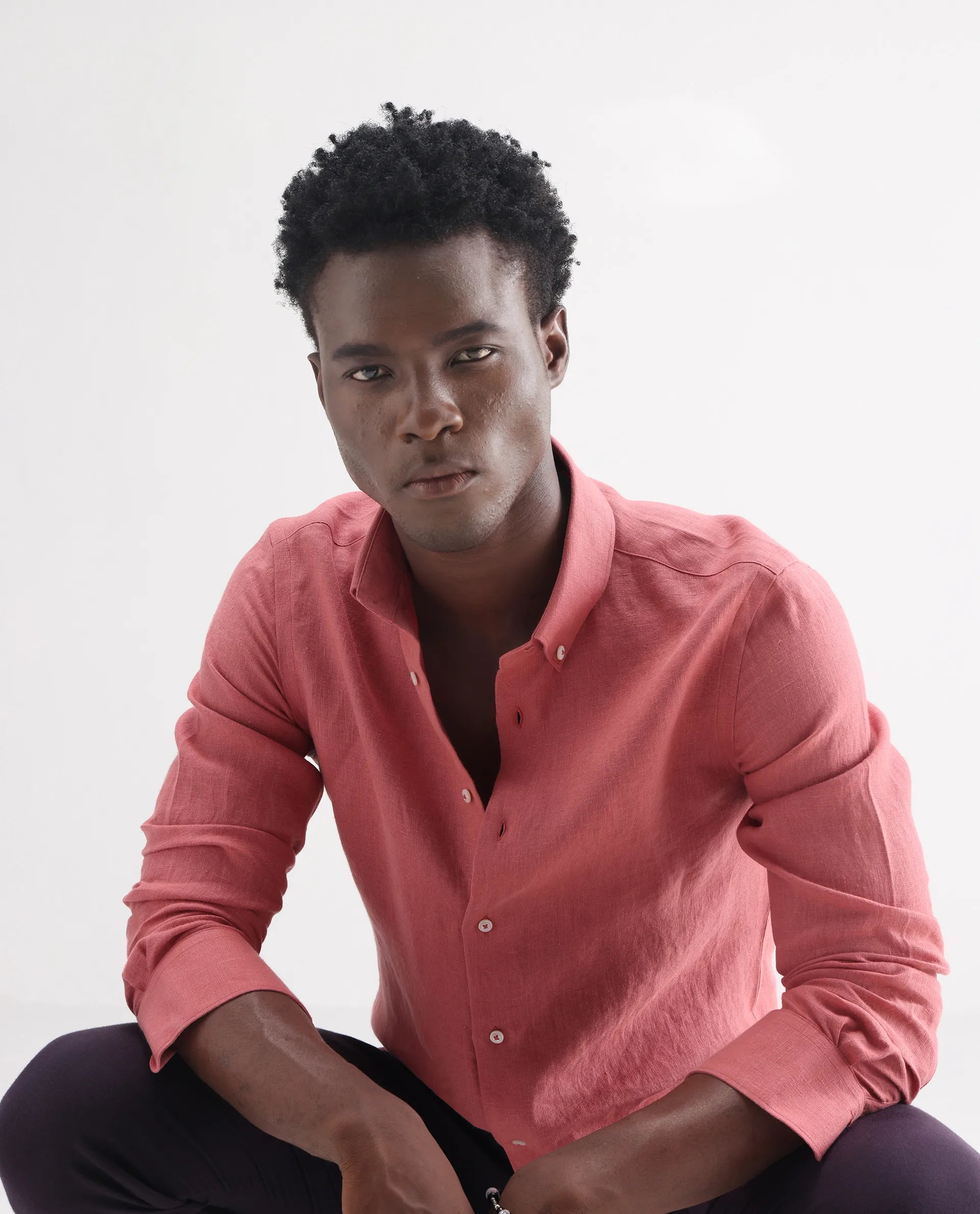 Rare Rabbit Men's Lucis Dusky Pink 100% Linen Plain Regular Fit Full Sleeve Collared Shirt