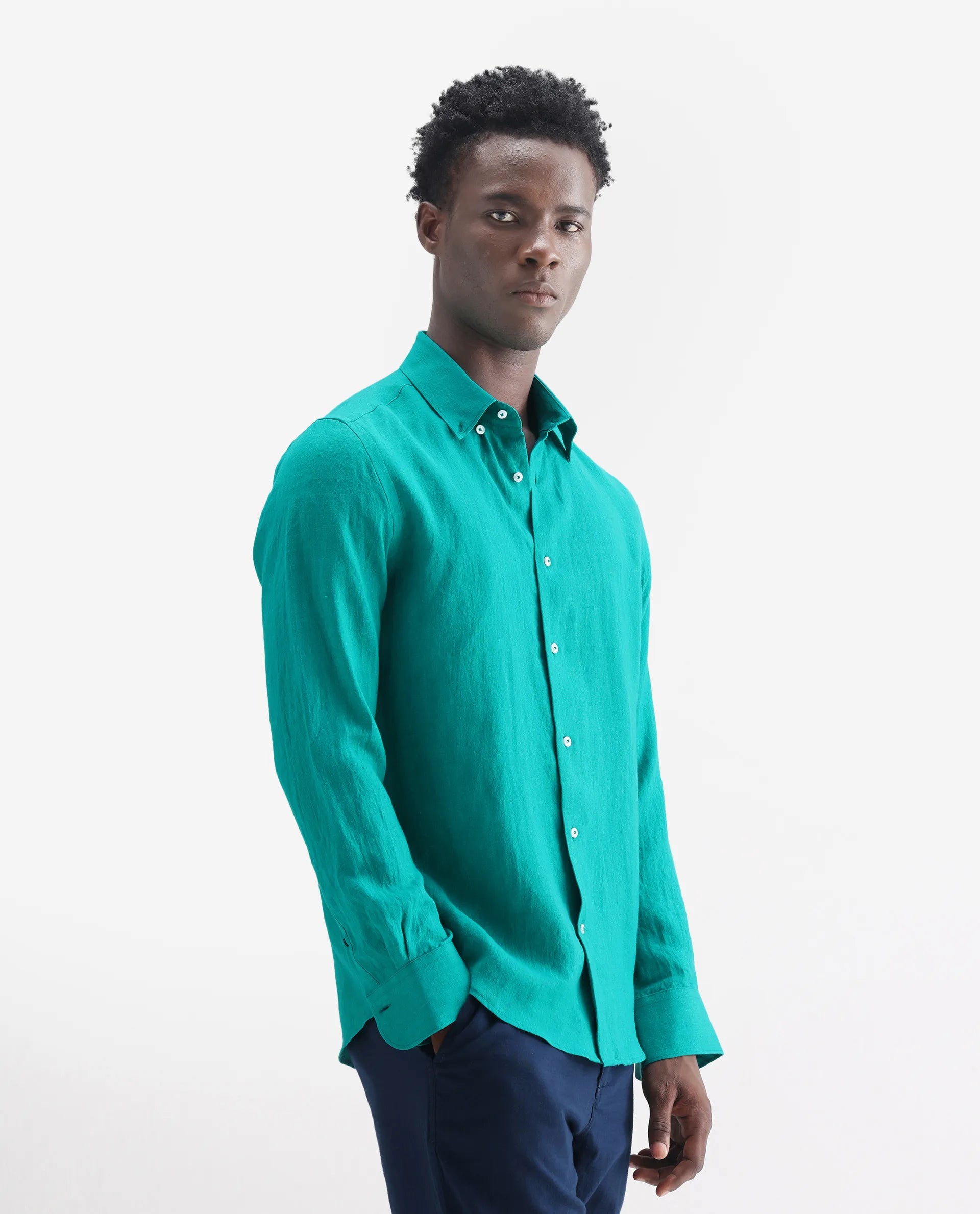 Rare Rabbit Men's Lucis Flouroscent Green 100% Linen Plain Regular Fit Full Sleeve Collared Shirt