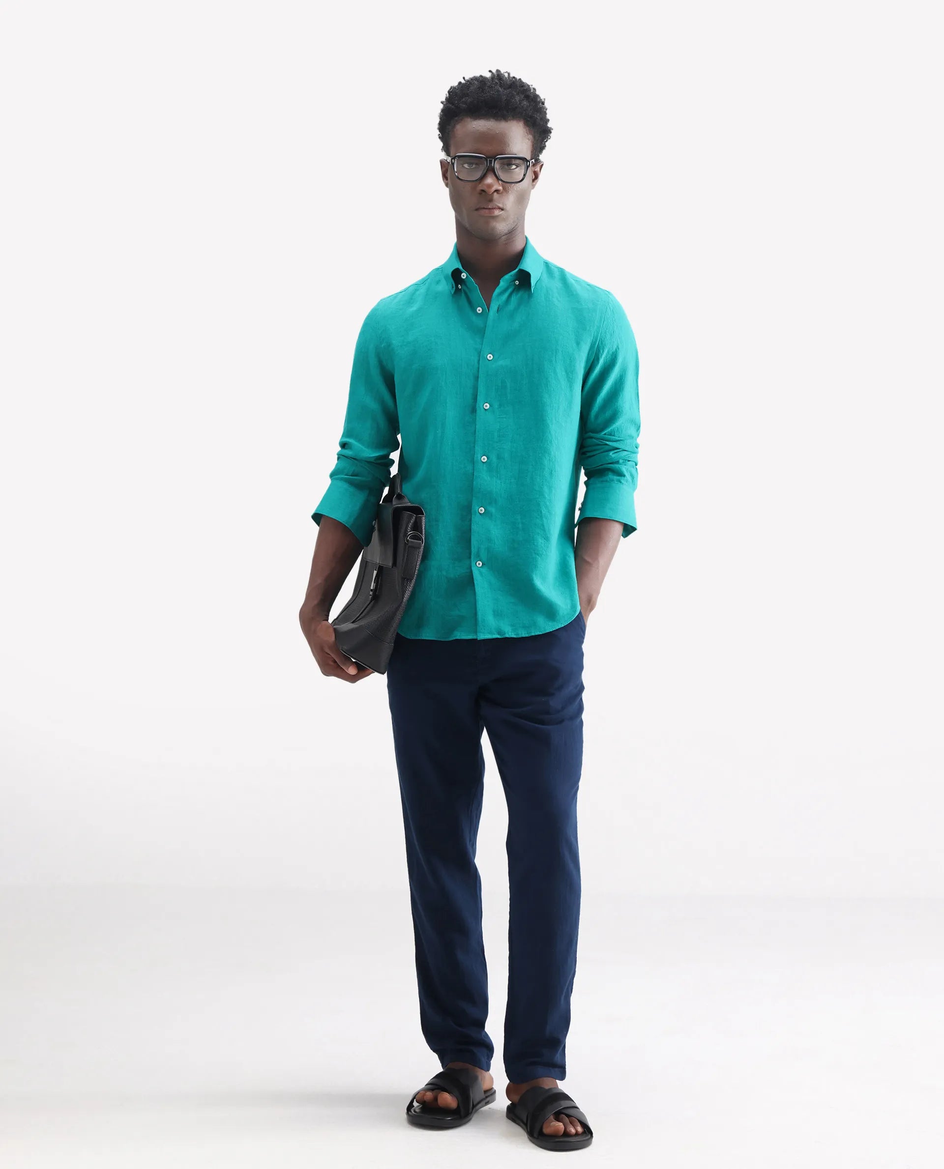 Rare Rabbit Men's Lucis Flouroscent Green 100% Linen Plain Regular Fit Full Sleeve Collared Shirt