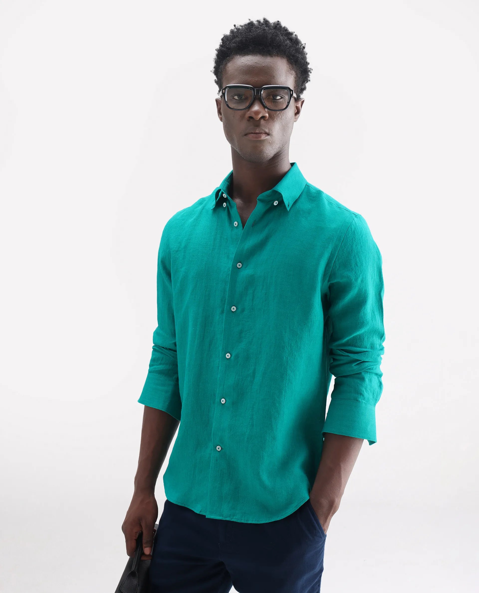 Rare Rabbit Men's Lucis Flouroscent Green 100% Linen Plain Regular Fit Full Sleeve Collared Shirt