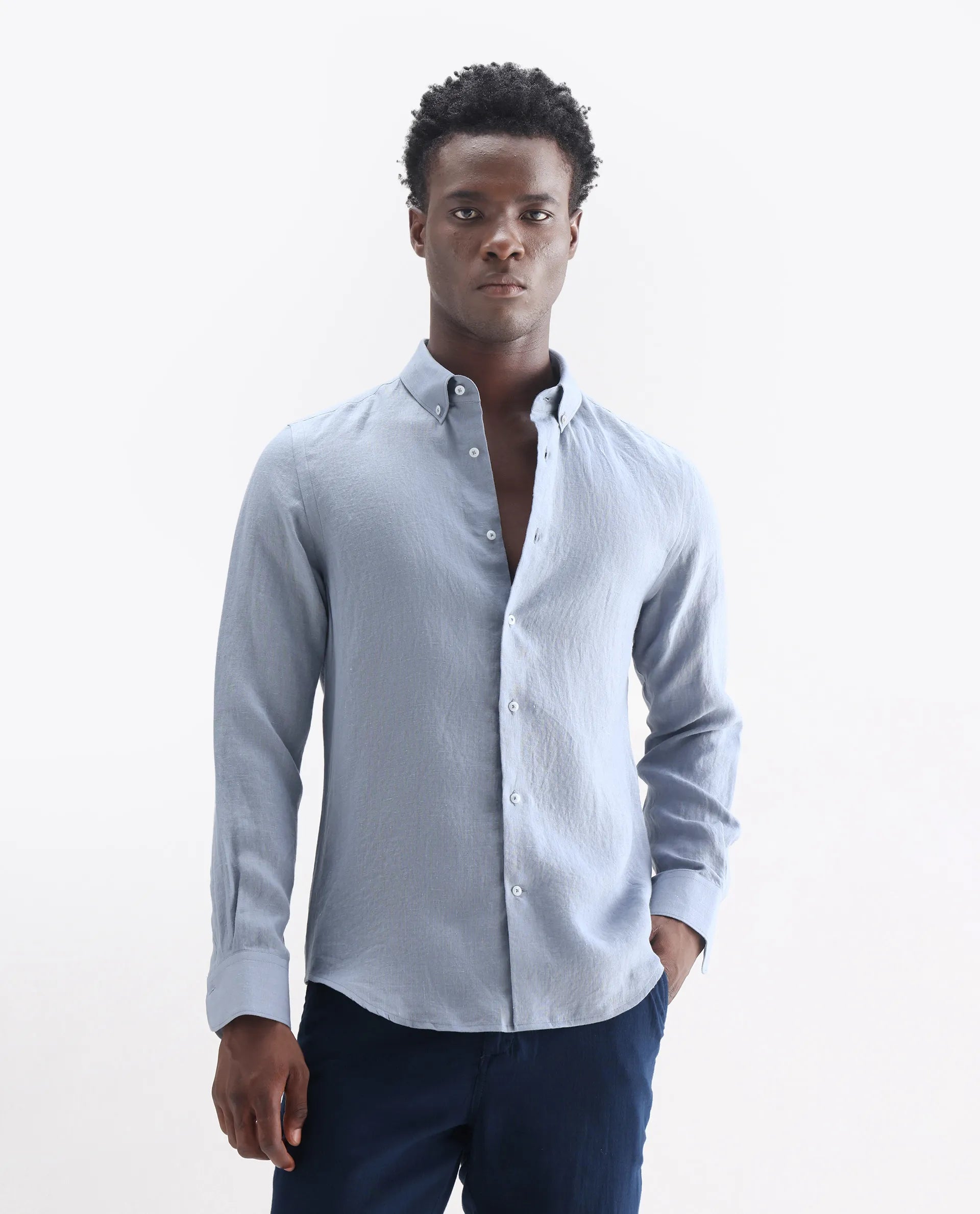 Rare Rabbit Men's Lucis Grey 100% Linen Plain Regular Fit Full Sleeve Collared Shirt