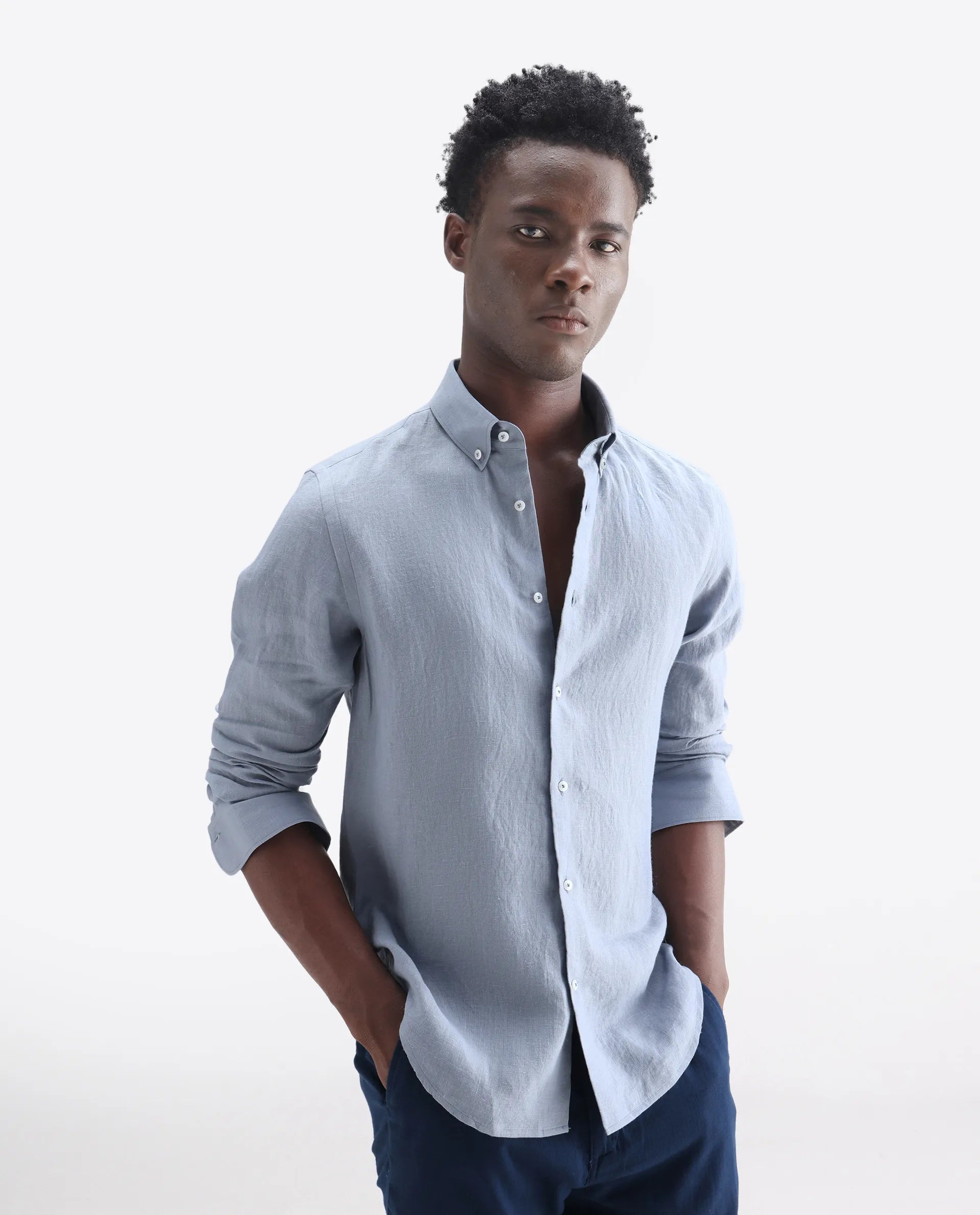 Rare Rabbit Men's Lucis Grey 100% Linen Plain Regular Fit Full Sleeve Collared Shirt