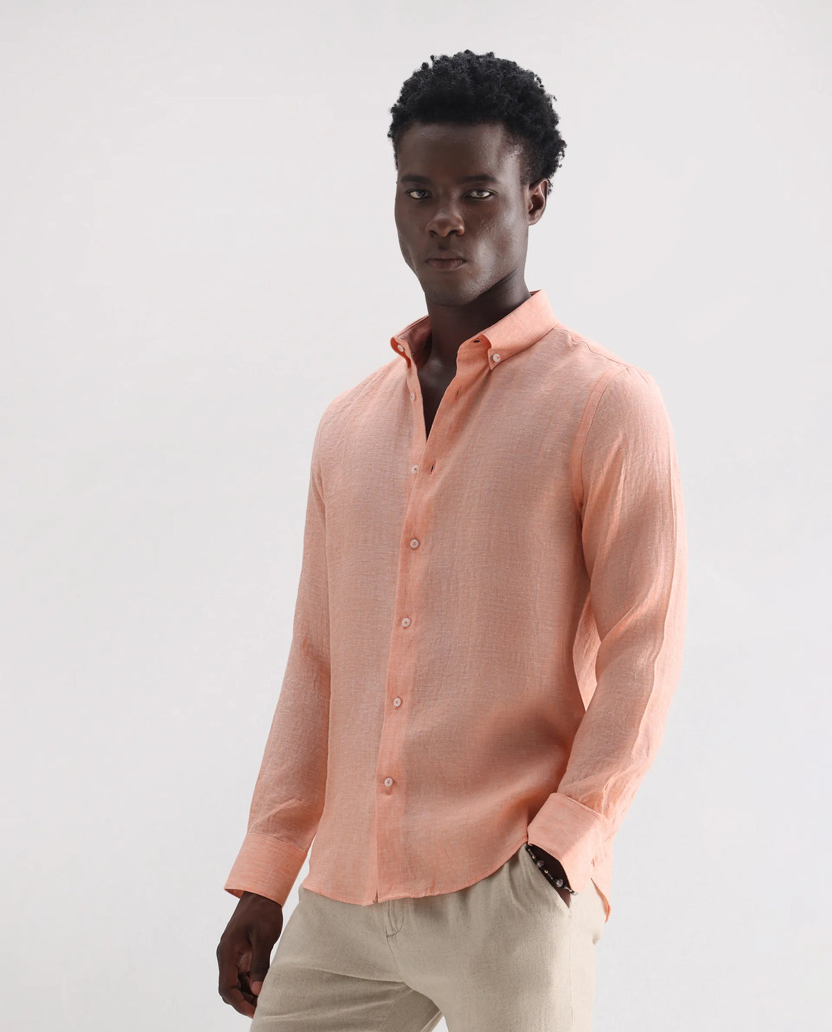 Rare Rabbit Men's Lucis Light Orange 100% Linen Plain Regular Fit Full Sleeve Collared Shirt