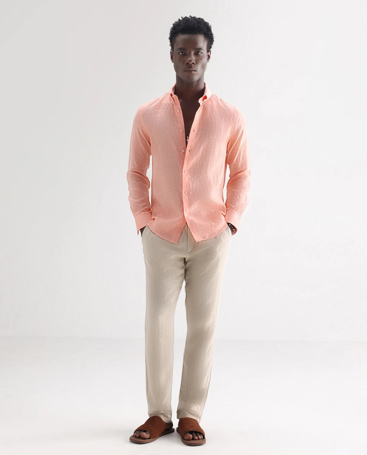 Rare Rabbit Men's Lucis Light Orange 100% Linen Plain Regular Fit Full Sleeve Collared Shirt