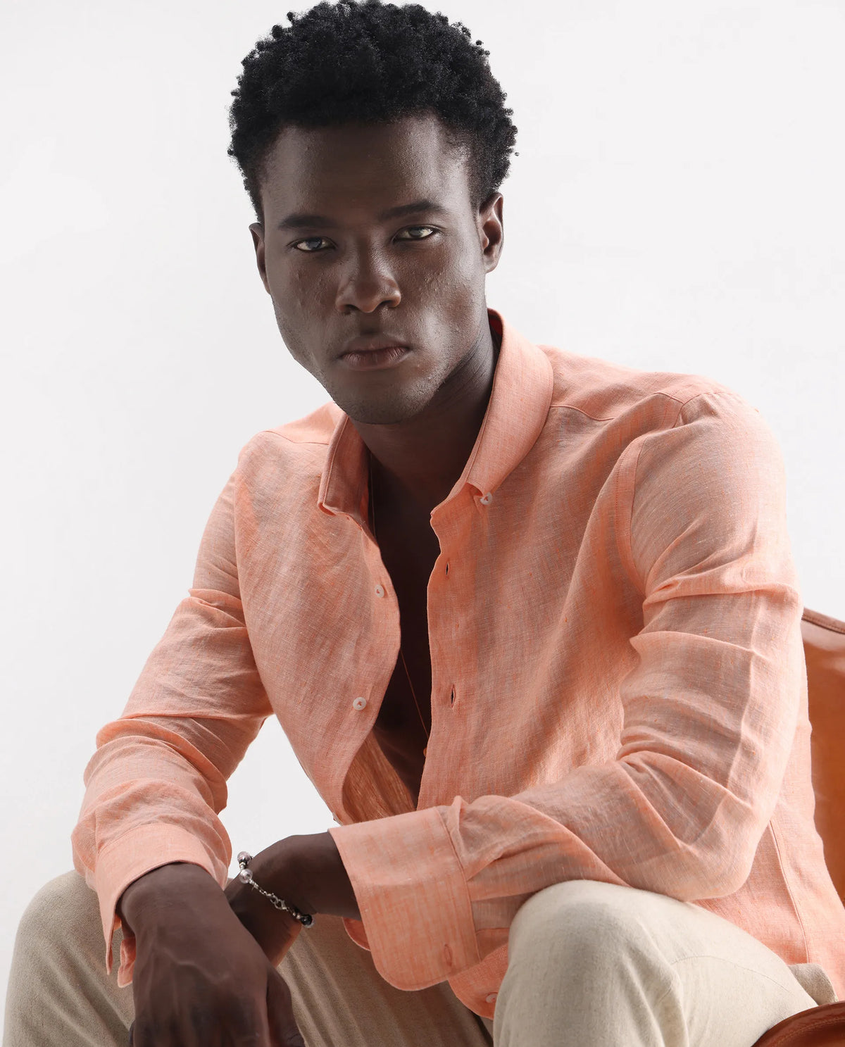 Rare Rabbit Men's Lucis Light Orange 100% Linen Plain Regular Fit Full Sleeve Collared Shirt