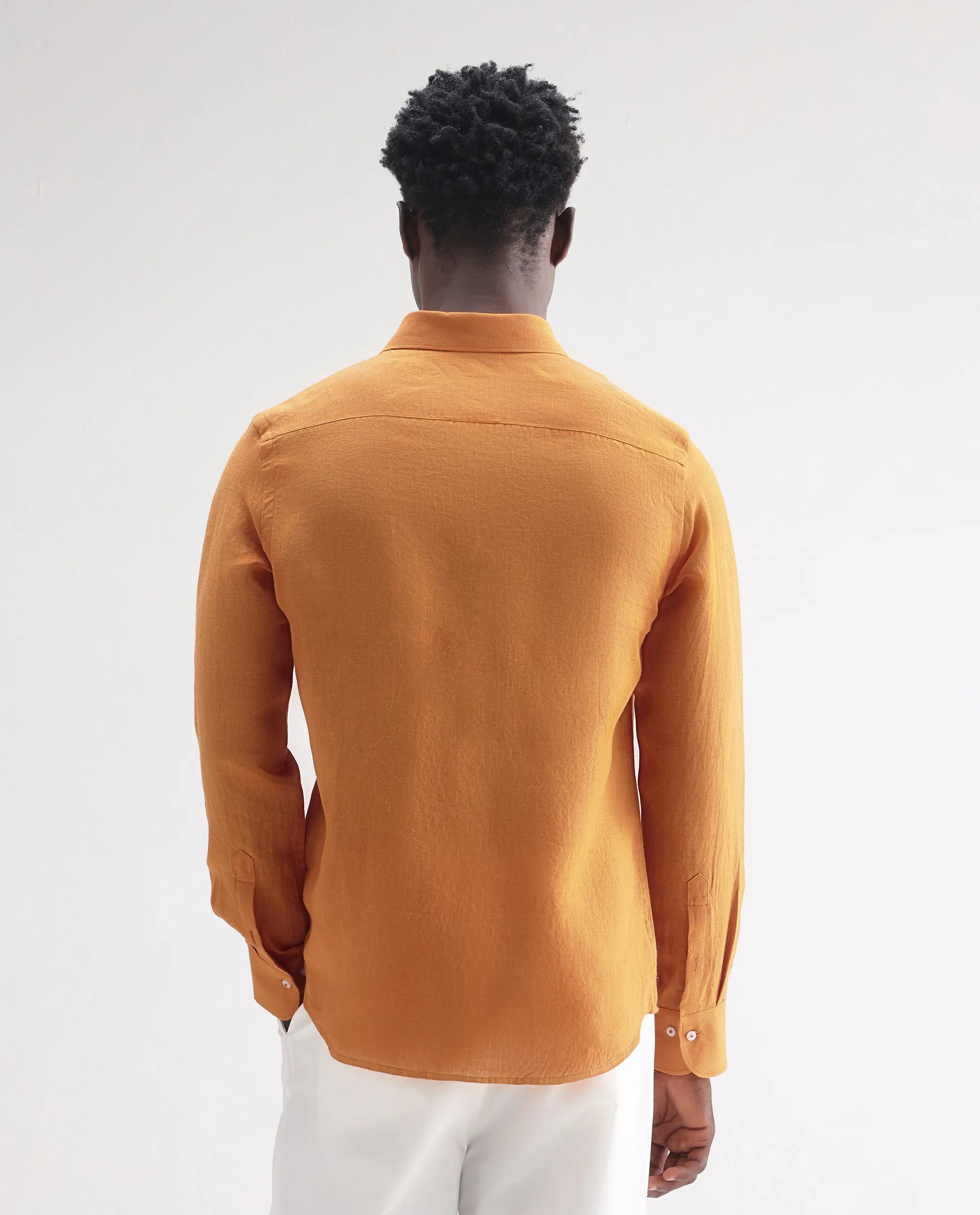 Rare Rabbit Men's Lucis Mustard 100% Linen Plain Regular Fit Full Sleeve Collared Shirt