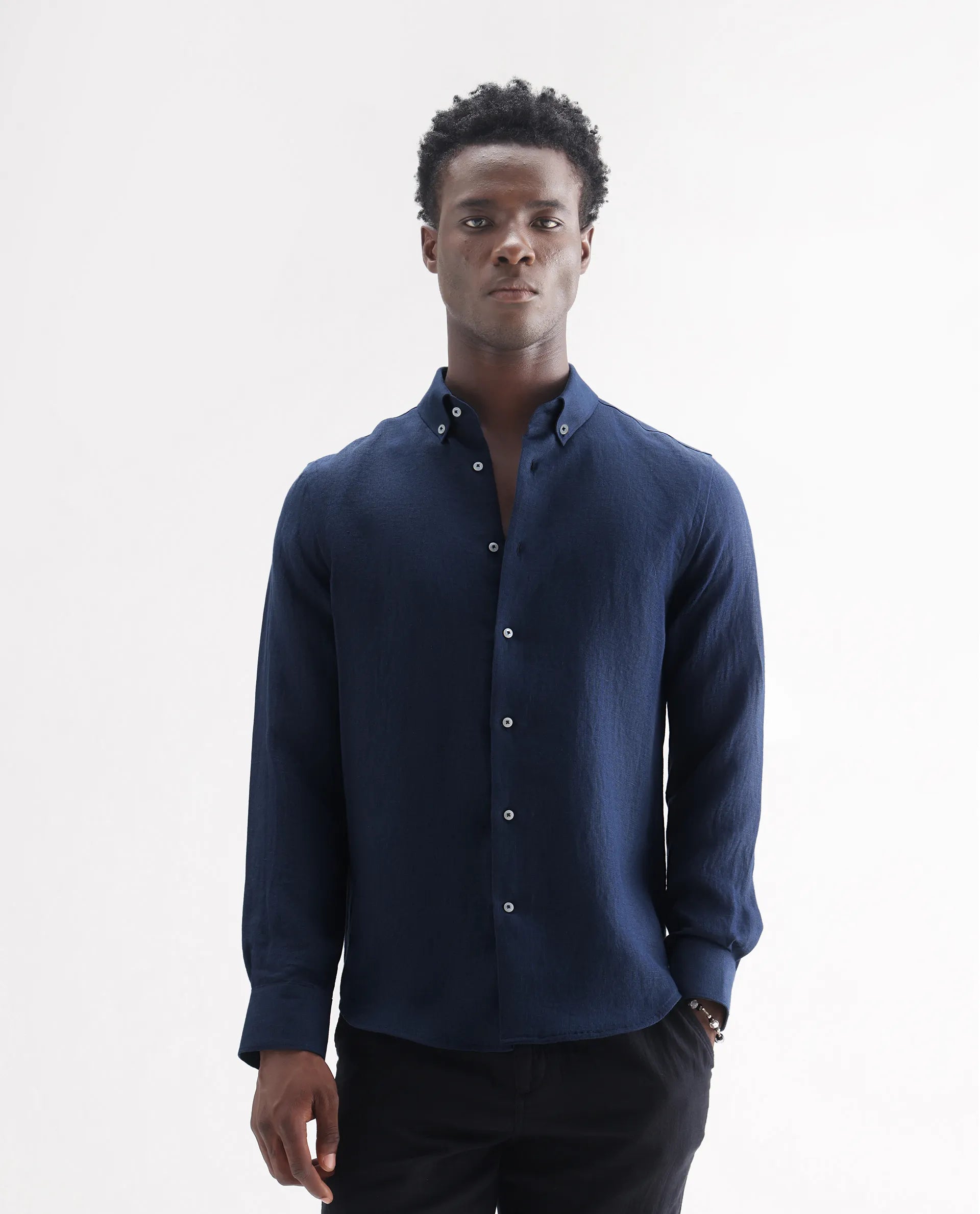 Rare Rabbit Men's Lucis Navy 100% Linen Plain Regular Fit Full Sleeve Collared Shirt