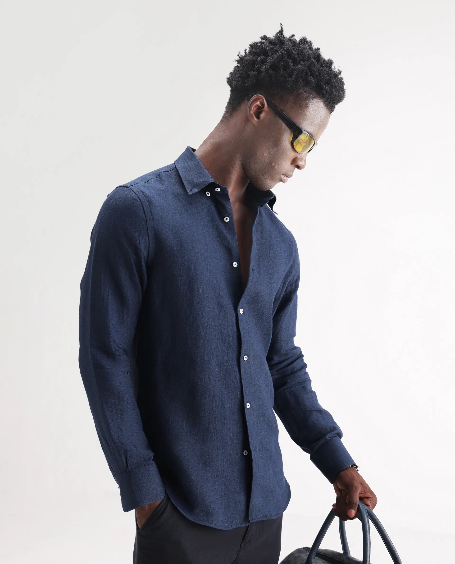 Rare Rabbit Men's Lucis Navy 100% Linen Plain Regular Fit Full Sleeve Collared Shirt