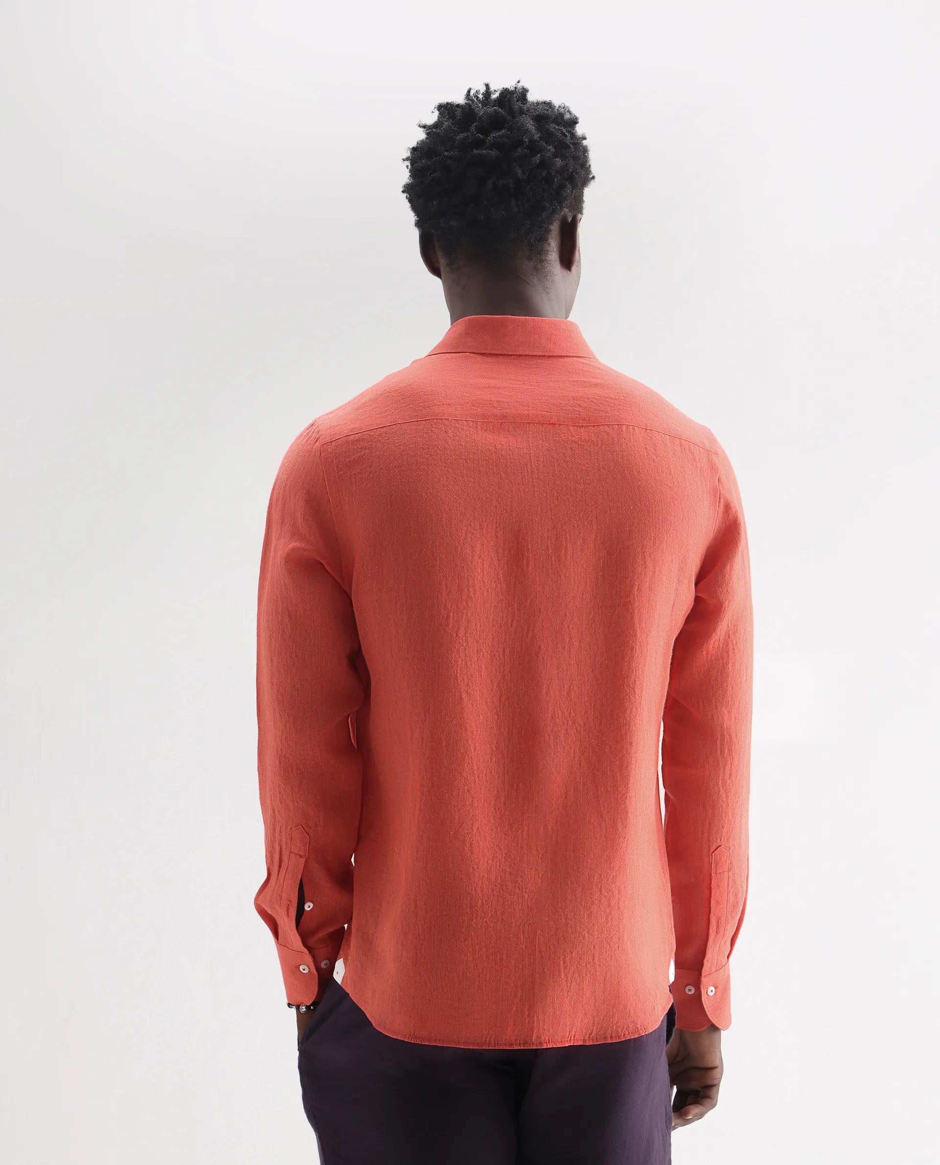 Rare Rabbit Men's Lucis Orange 100% Linen Plain Regular Fit Full Sleeve Collared Shirt