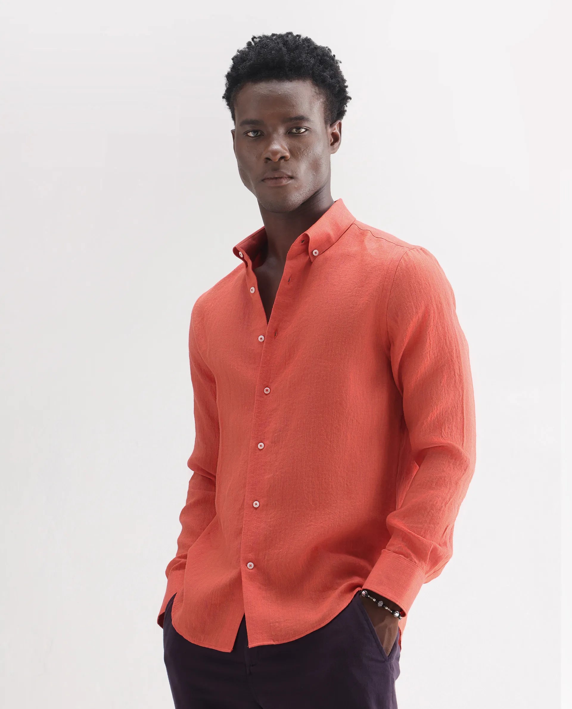 Rare Rabbit Men's Lucis Orange 100% Linen Plain Regular Fit Full Sleeve Collared Shirt