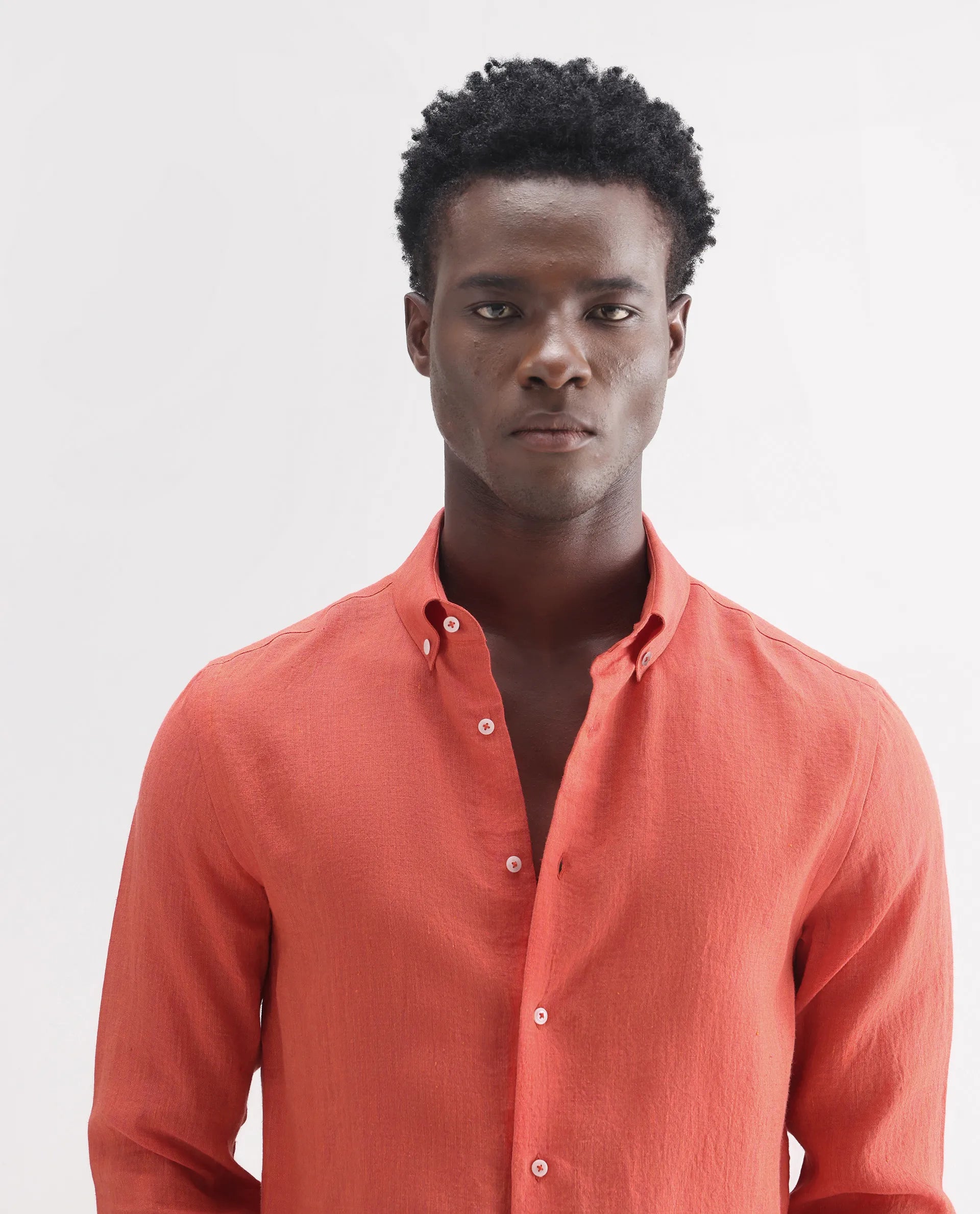 Rare Rabbit Men's Lucis Orange 100% Linen Plain Regular Fit Full Sleeve Collared Shirt