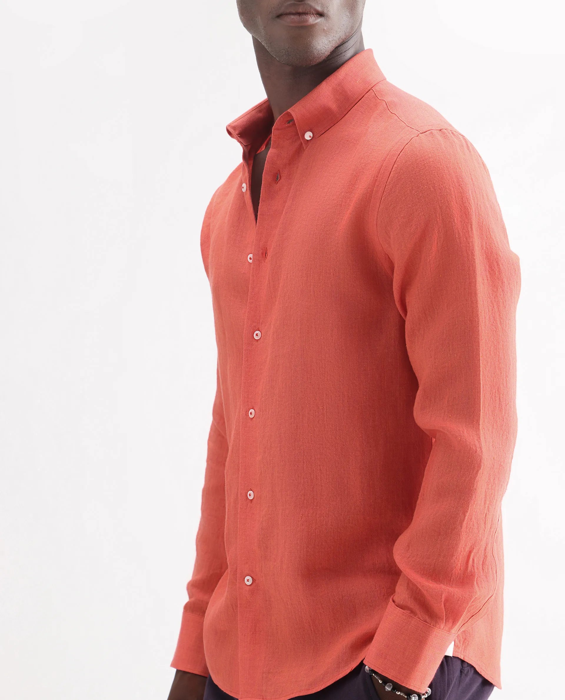 Rare Rabbit Men's Lucis Orange 100% Linen Plain Regular Fit Full Sleeve Collared Shirt