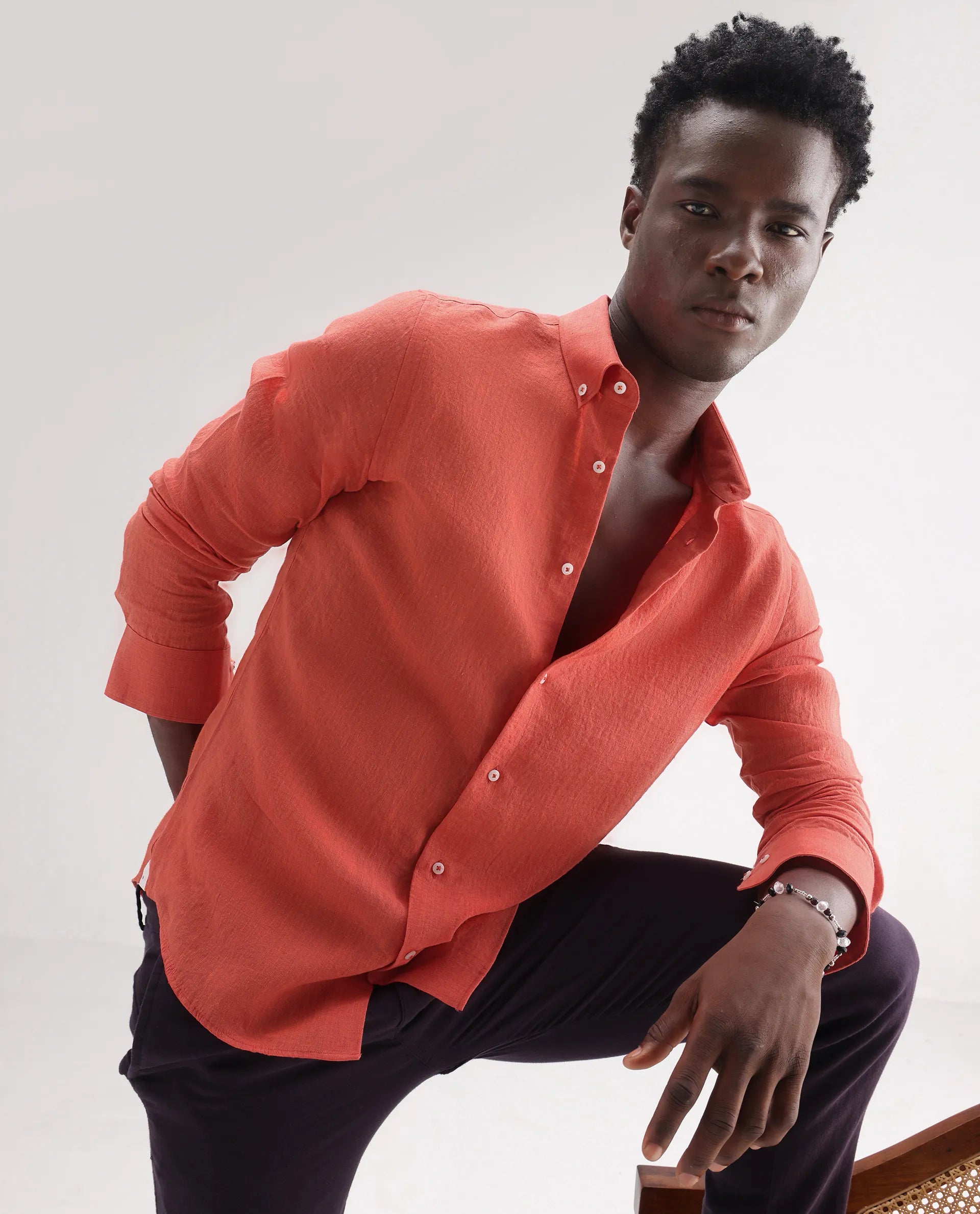 Rare Rabbit Men's Lucis Orange 100% Linen Plain Regular Fit Full Sleeve Collared Shirt