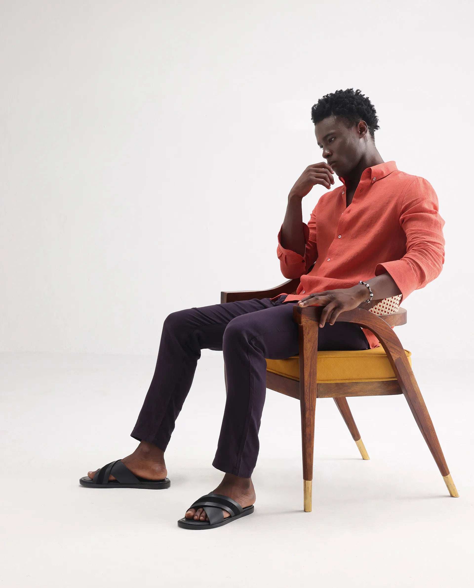 Rare Rabbit Men's Lucis Orange 100% Linen Plain Regular Fit Full Sleeve Collared Shirt