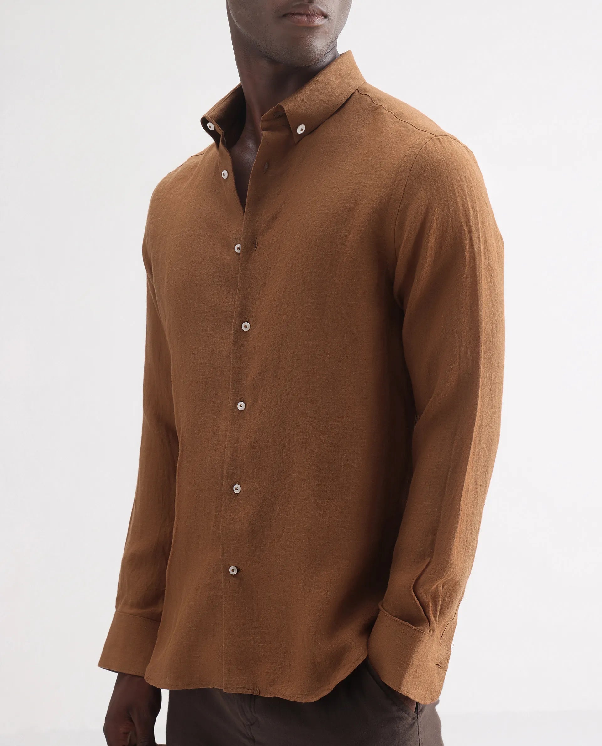 Rare Rabbit Men's Lucis Rust 100% Linen Plain Regular Fit Full Sleeve Collared Shirt
