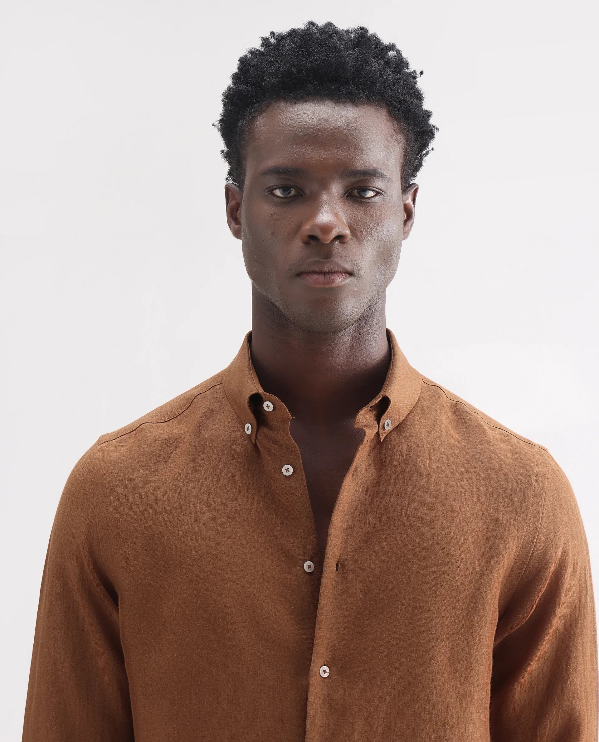 Rare Rabbit Men's Lucis Rust 100% Linen Plain Regular Fit Full Sleeve Collared Shirt