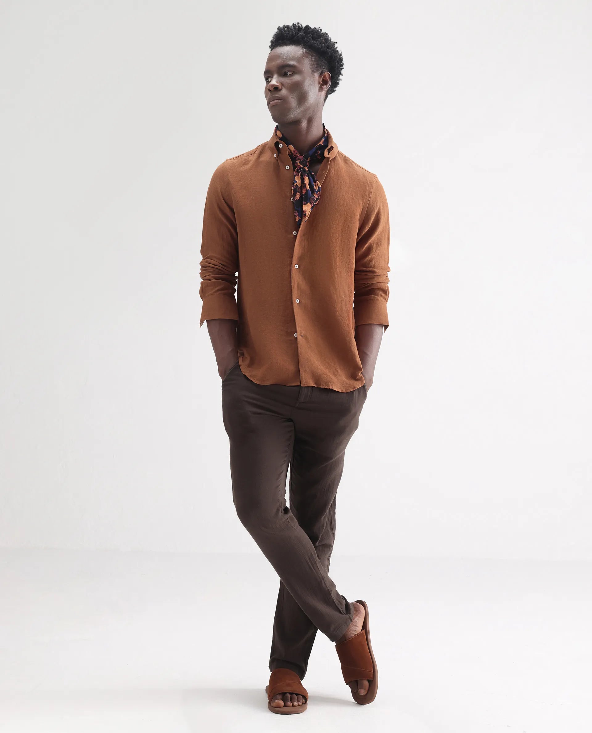 Rare Rabbit Men's Lucis Rust 100% Linen Plain Regular Fit Full Sleeve Collared Shirt