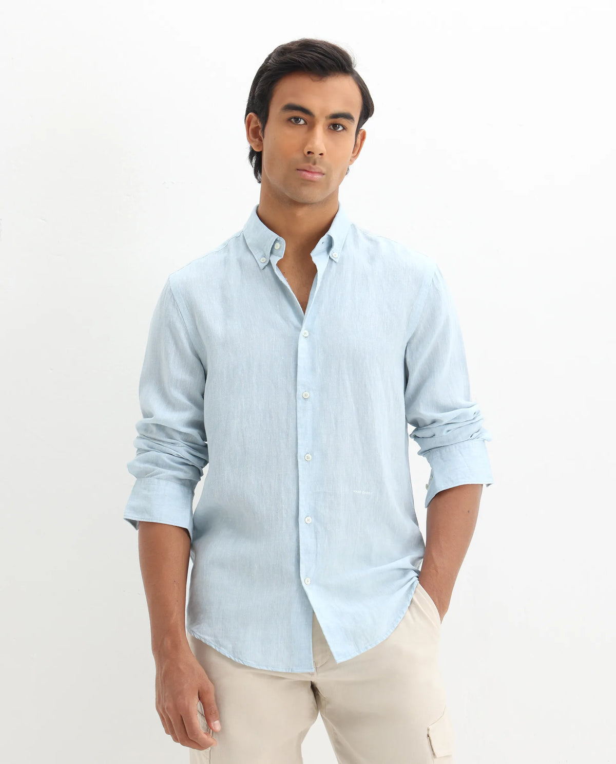 Rare Rabbit Men's Lucis Light Blue 100% Linen Plain Regular Fit Full Sleeve Collared Shirt