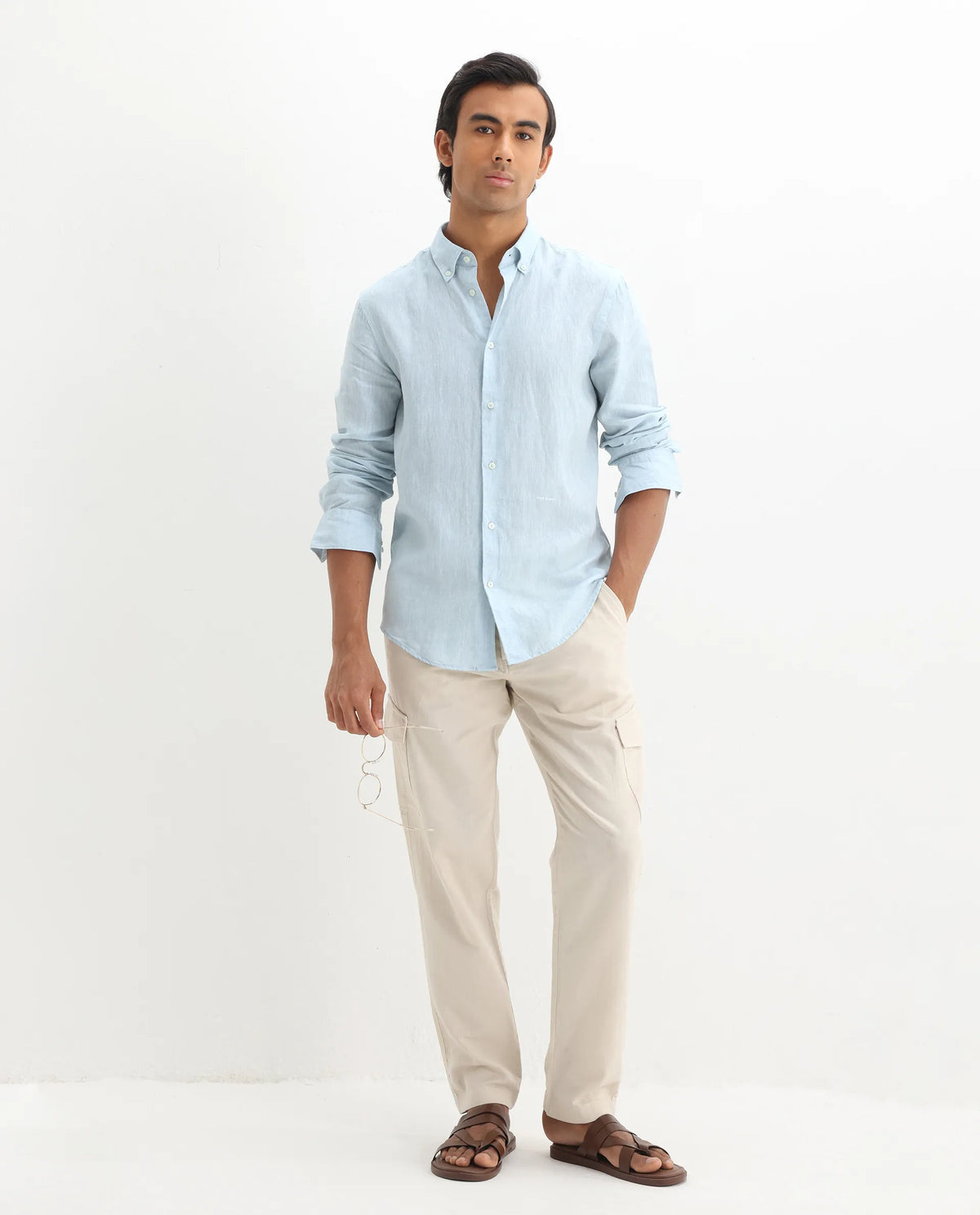 Rare Rabbit Men's Lucis Light Blue 100% Linen Plain Regular Fit Full Sleeve Collared Shirt